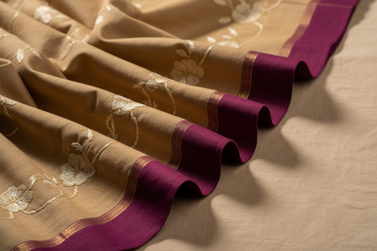 A refined, premium fashion visual showcasing high-quality fabrics used in Indian ethnic wear. Close-up of flowing natural fabric textures such as cotton or rayon, softly folded and draped to highlight smoothness and quality. Subtle embroidery threads visible in detail. Warm beige cotton background with elegant royal plum accents. Soft natural lighting, calm and luxurious mood. Minimal, clean composition with no text or logos. Designed to reflect comfort, durability, and refined craftsmanship for a premium I