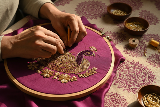 An elegant, artisanal fashion visual representing craftsmanship and care in Indian ethnic wear. Close-up of skilled hands delicately working on embroidery, stitching fine threads onto fabric. Detailed needlework and texture visible, highlighting precision and artistry. Soft beige cotton background with subtle royal plum accents. Warm natural lighting, calm and thoughtful mood. Minimal composition with no text or logos. Reflects quality craftsmanship, ethical practices, and attention to detail for a premium