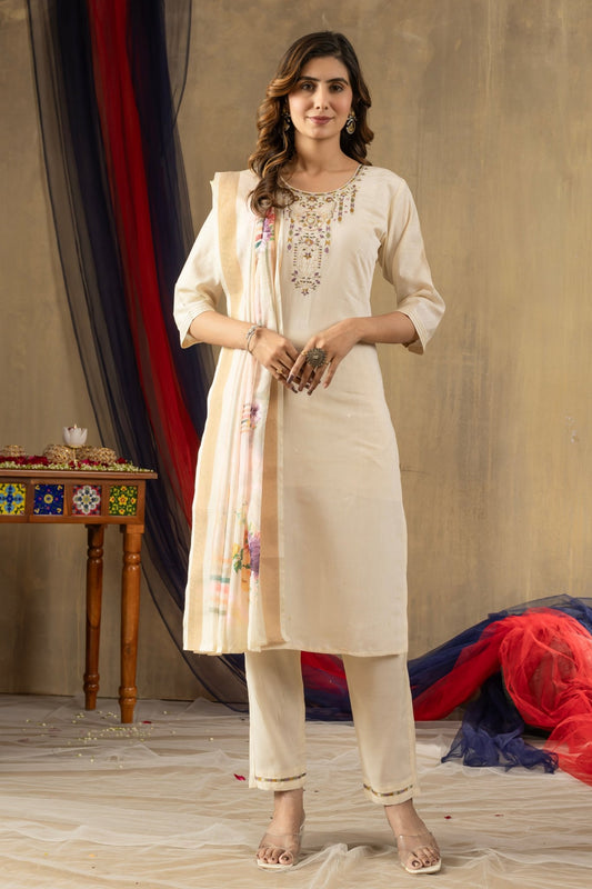 Embroidered Shimmer Silk Straight Kurti Pant Dupatta Set | Premium Festive Wear for Women - Kalanandi the art of timeless fashion - Straight Kurti Pant Dupatta Set