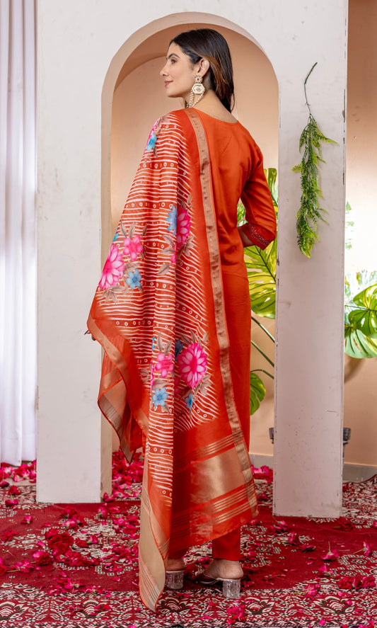 Premium Embroidered Straight Kurti Pant Dupatta Set in Marina Viscose Silk - Kalanandi the art of timeless fashion - Straight Kurti Pant Dupatta Set