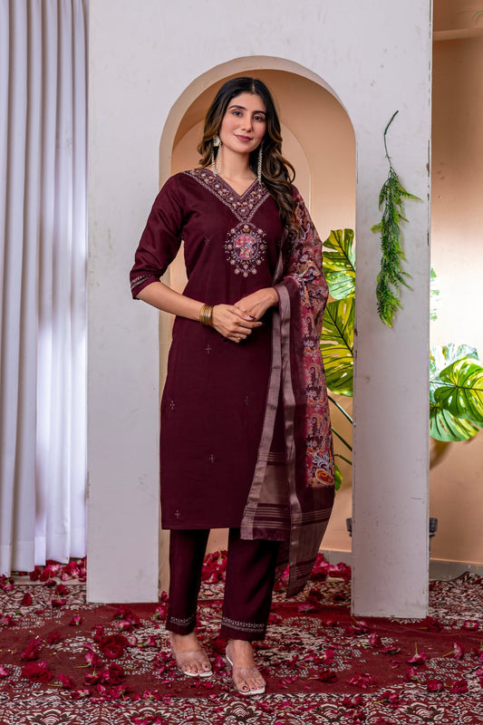 Premium Embroidered Straight Kurti Pant Dupatta Set in Marina Viscose Silk - Kalanandi the art of timeless fashion - Straight Kurti Pant Dupatta Set