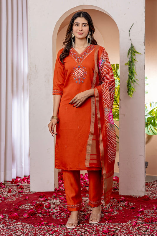 Premium Embroidered Straight Kurti Pant Dupatta Set in Marina Viscose Silk - Kalanandi the art of timeless fashion - Straight Kurti Pant Dupatta Set