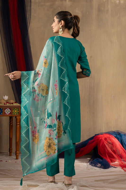 Premium Straight Kurti Set with Thread Embroidery & Printed Dupatta - Kalanandi the art of timeless fashion - Straight Kurti Pant Dupatta Set