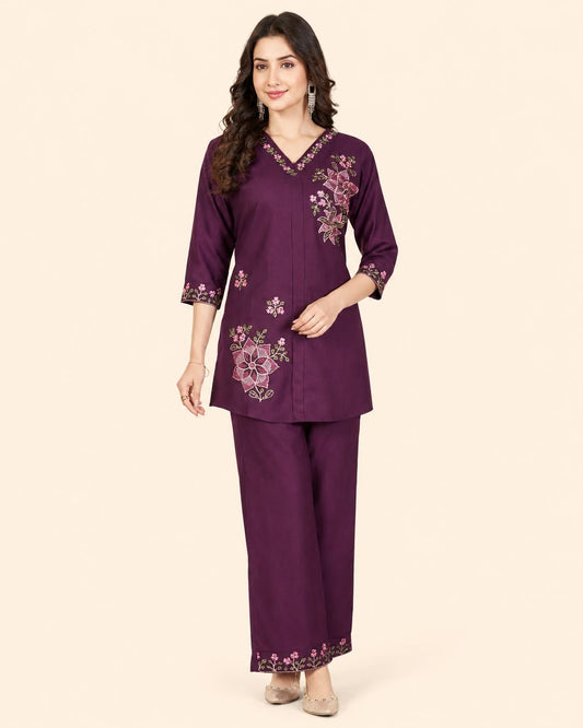 Women’s Floral Embroidered Kurta Palazzo Co-Ord Set | 3/4 Sleeve Ethnic Wear Set - Kalanandi the art of timeless fashion - Co-Ord Set