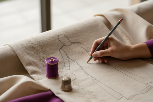 A premium, minimal fashion visual representing thoughtful design in Indian ethnic wear. Close-up of a woman’s hand sketching elegant kurti silhouettes on fabric, with subtle embroidery patterns and textile details. Soft beige cotton background with accents of deep royal plum. Natural lighting, calm and refined mood, modern Indian aesthetic. Clean composition, no text, no logos, no clutter. Timeless, elegant, and artisanal feel suitable for a premium ethnic fashion brand.