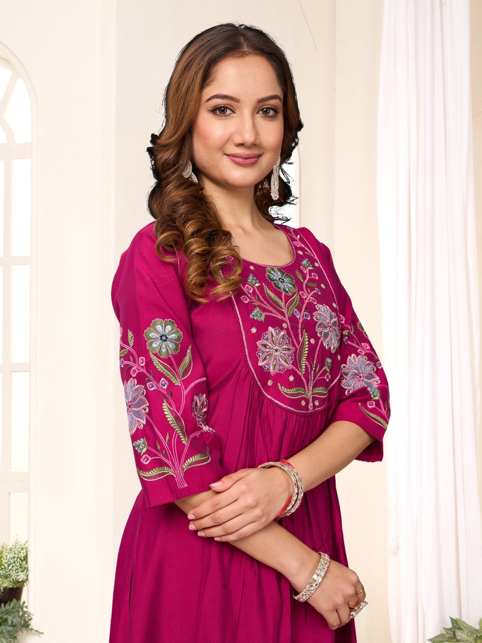 Designer Anarkali Kurti Dupatta Set with Floral Embroidery - Kalanandi the art of timeless fashion - Anarkali Kurti Set