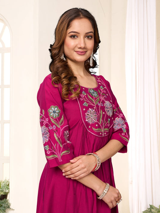 Designer Anarkali Kurti Dupatta Set with Floral Embroidery - Kalanandi the art of timeless fashion - Anarkali Kurti Set
