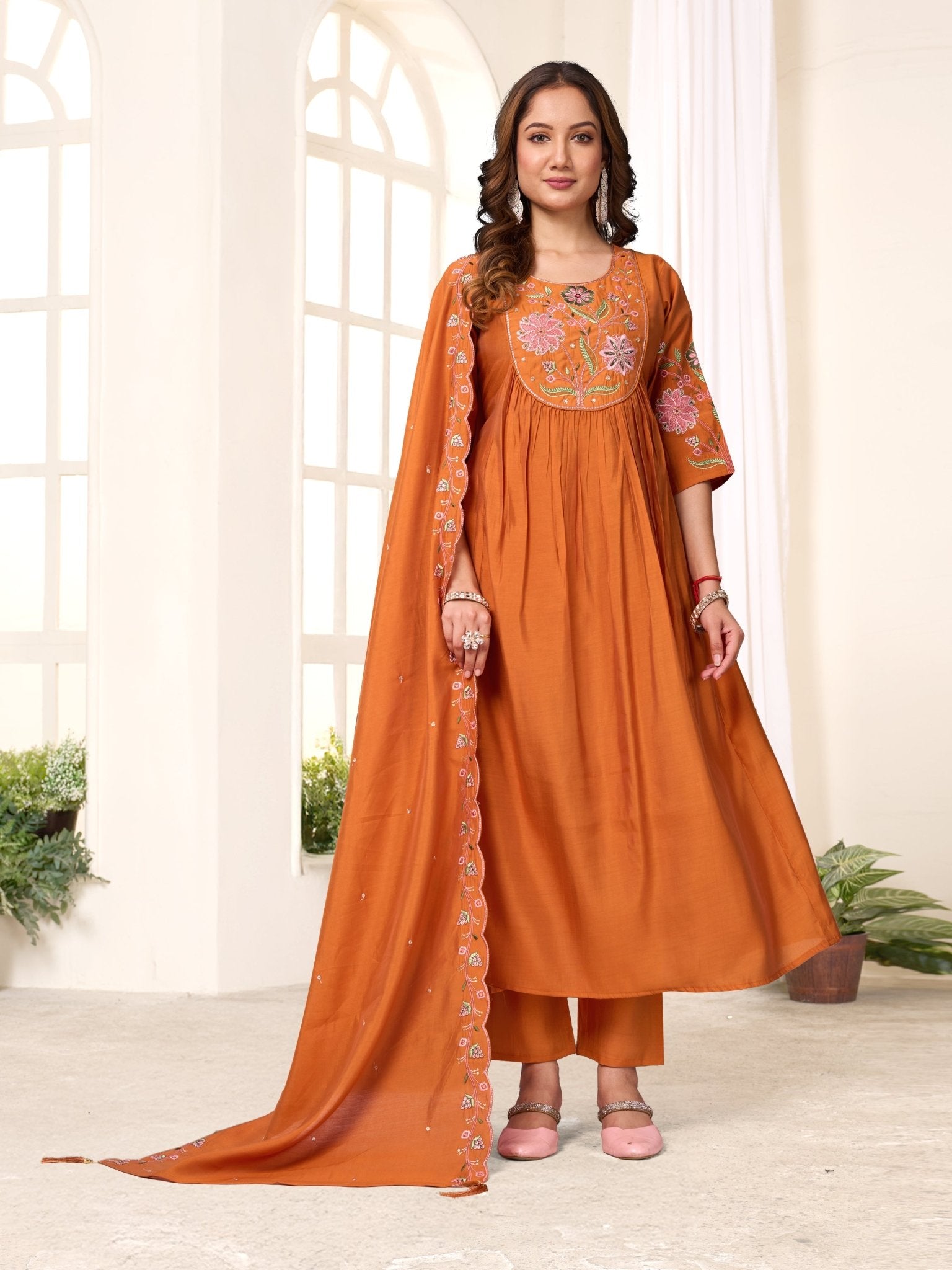 Designer Anarkali Kurti Dupatta Set with Floral Embroidery - Kalanandi the art of timeless fashion - Anarkali Kurti Set
