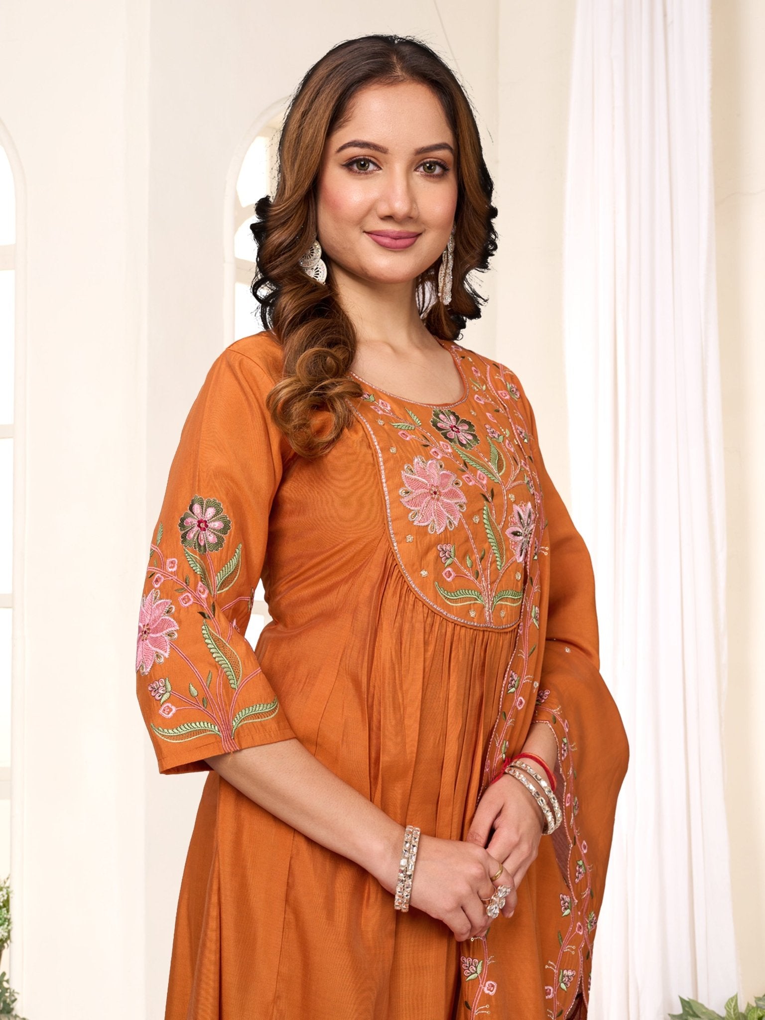 Designer Anarkali Kurti Dupatta Set with Floral Embroidery - Kalanandi the art of timeless fashion - Anarkali Kurti Set