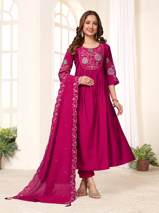Designer Anarkali Kurti Dupatta Set with Floral Embroidery - Kalanandi the art of timeless fashion - Anarkali Kurti Set
