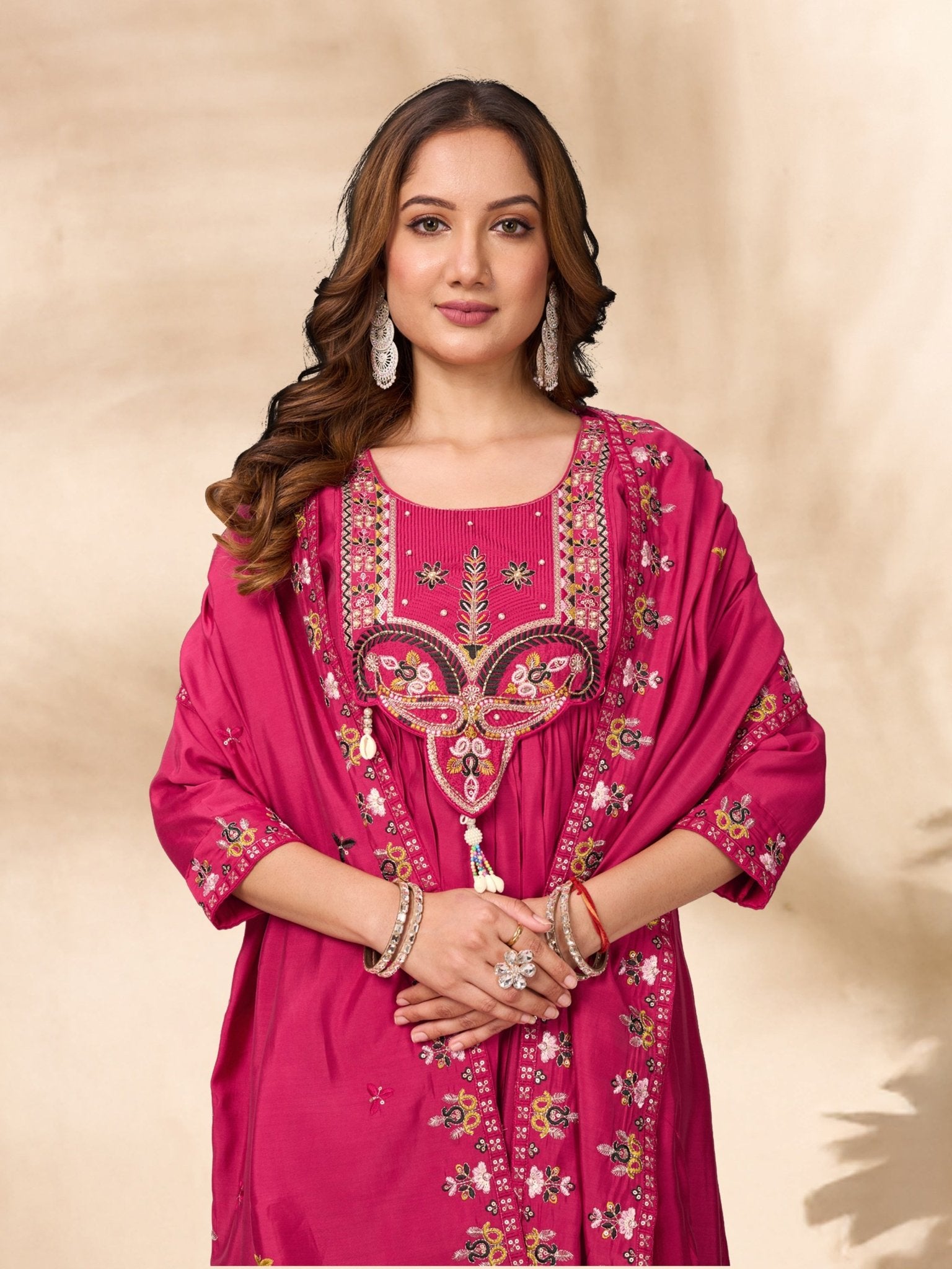 Designer Embroidered Roman Silk Anarkali Suit – Perfect for Weddings & Celebrations - Kalanandi the art of timeless fashion - Anarkali Kurti Set