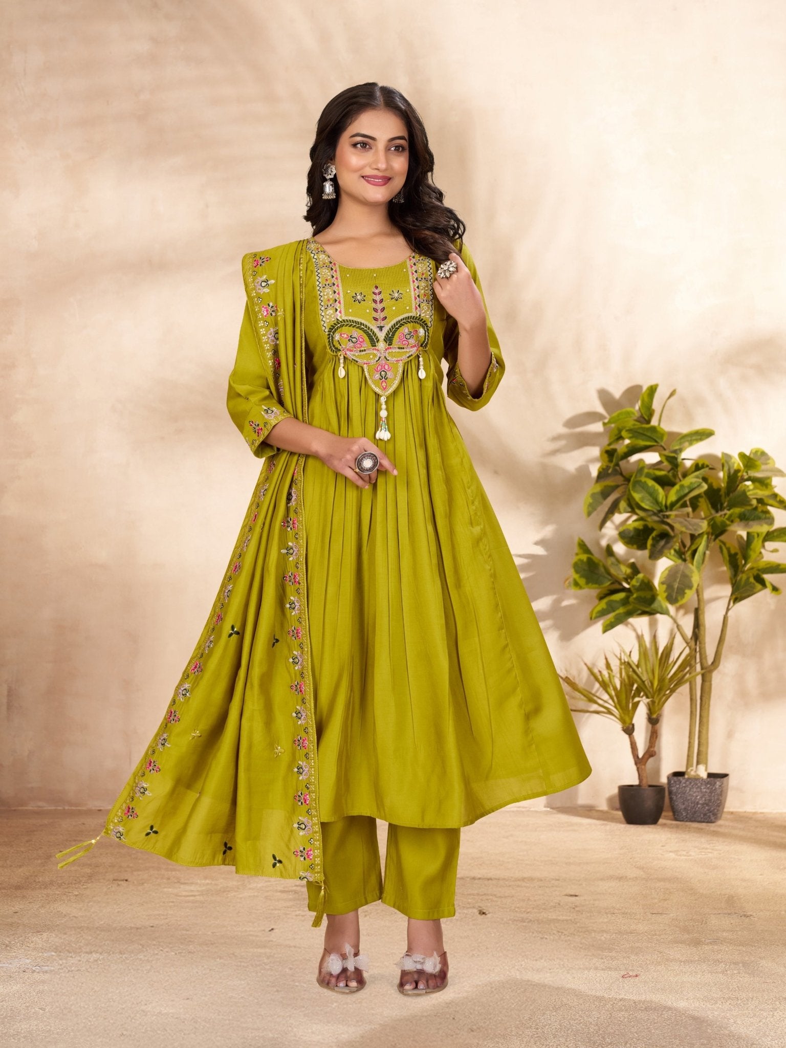 Designer Embroidered Roman Silk Anarkali Suit – Perfect for Weddings & Celebrations - Kalanandi the art of timeless fashion - Anarkali Kurti Set