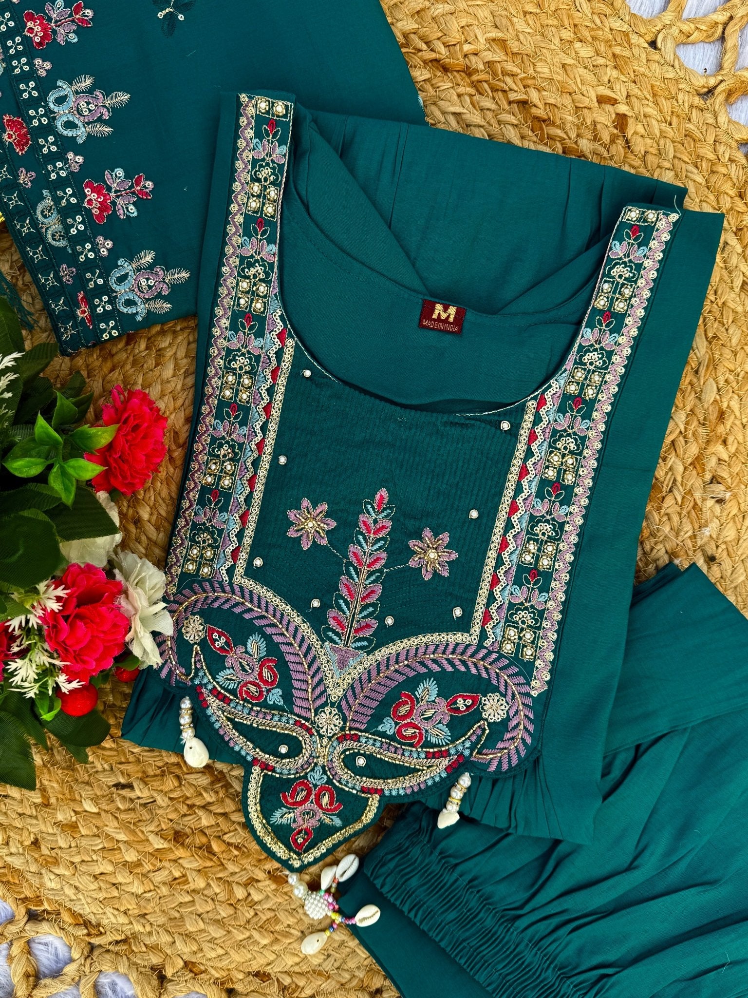 Designer Embroidered Roman Silk Anarkali Suit – Perfect for Weddings & Celebrations - Kalanandi the art of timeless fashion - Anarkali Kurti Set