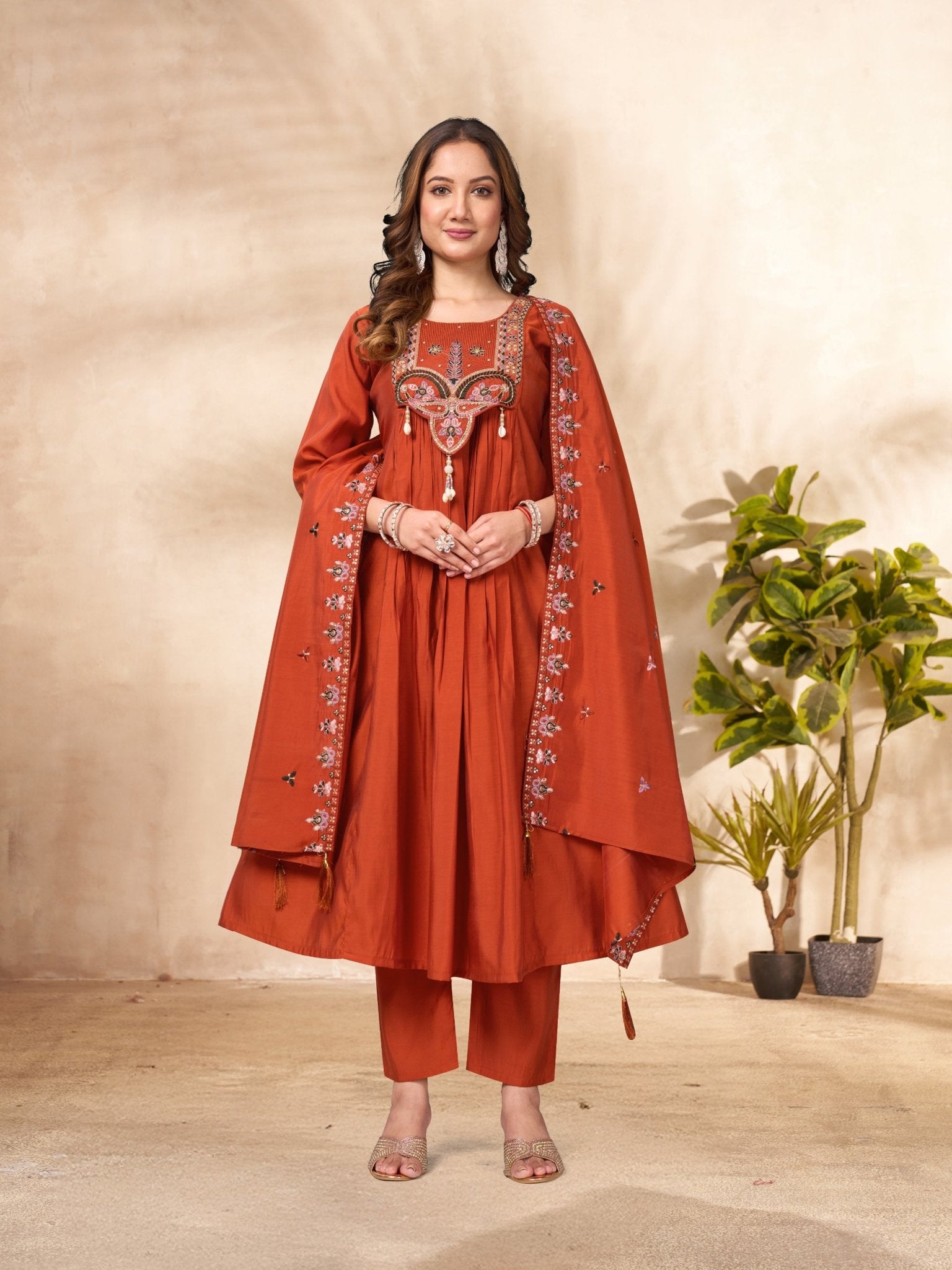 Designer Embroidered Roman Silk Anarkali Suit – Perfect for Weddings & Celebrations - Kalanandi the art of timeless fashion - Anarkali Kurti Set