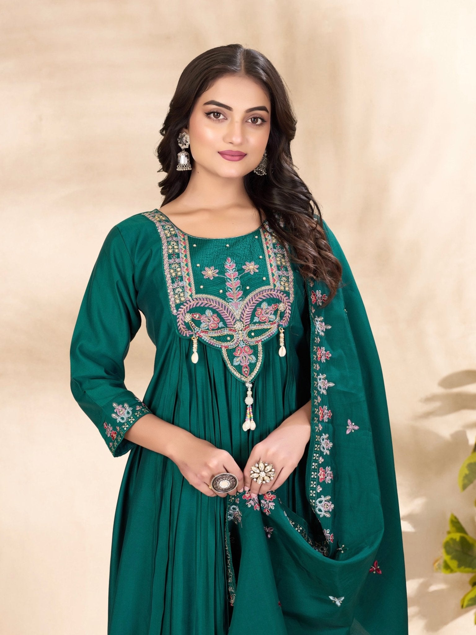 Designer Embroidered Roman Silk Anarkali Suit – Perfect for Weddings & Celebrations - Kalanandi the art of timeless fashion - Anarkali Kurti Set