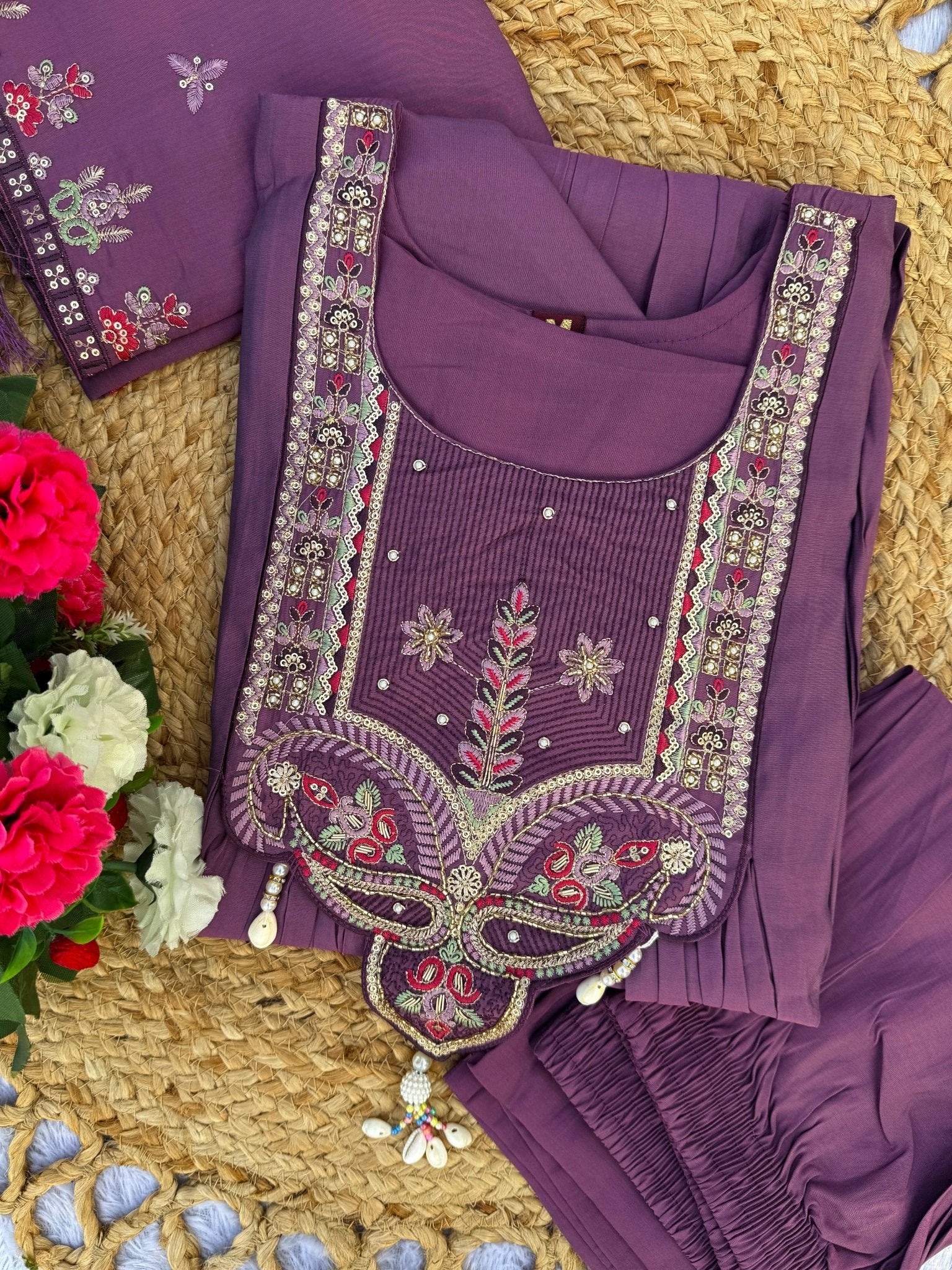 Designer Embroidered Roman Silk Anarkali Suit – Perfect for Weddings & Celebrations - Kalanandi the art of timeless fashion - Anarkali Kurti Set