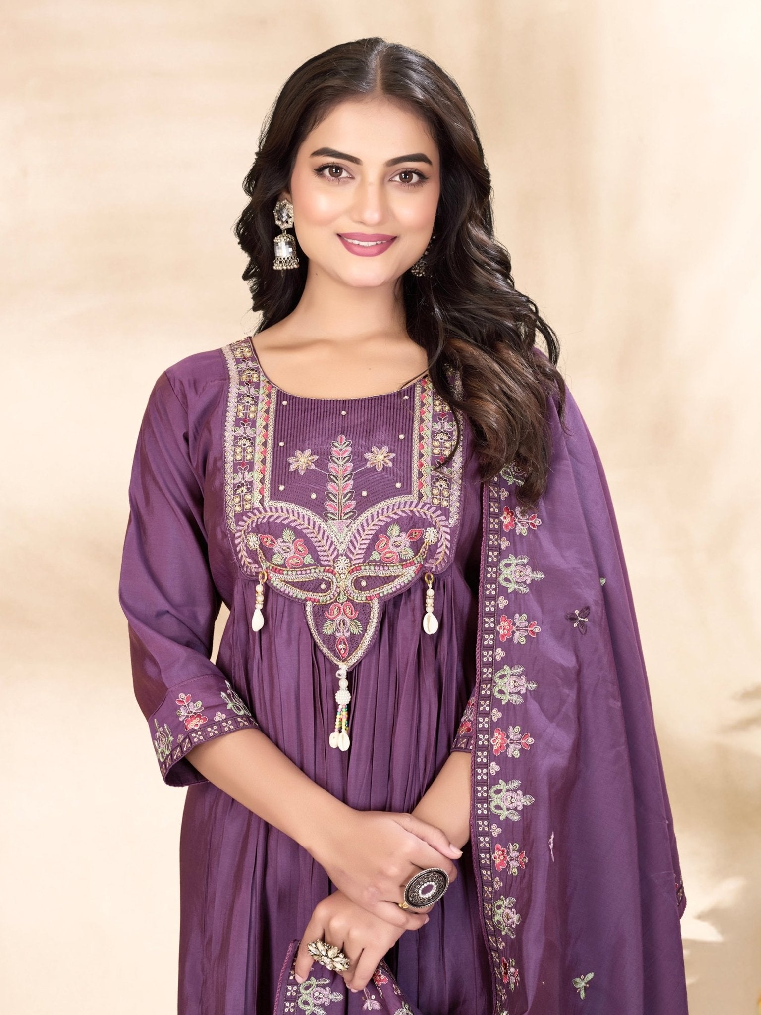 Designer Embroidered Roman Silk Anarkali Suit – Perfect for Weddings & Celebrations - Kalanandi the art of timeless fashion - Anarkali Kurti Set