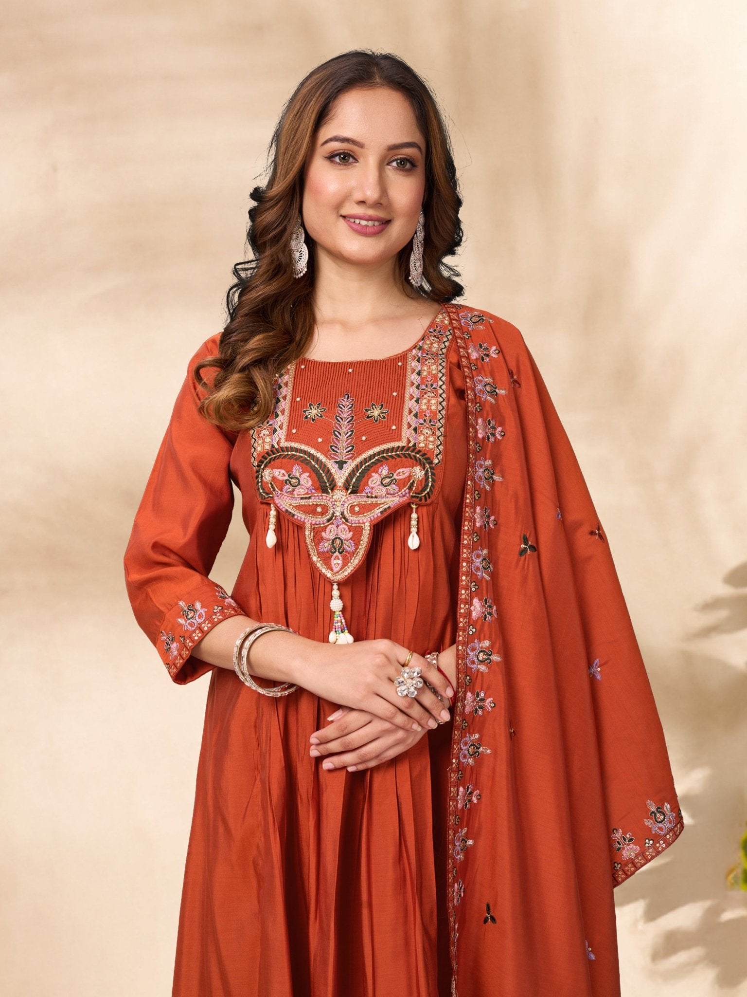 Designer Embroidered Roman Silk Anarkali Suit – Perfect for Weddings & Celebrations - Kalanandi the art of timeless fashion - Anarkali Kurti Set