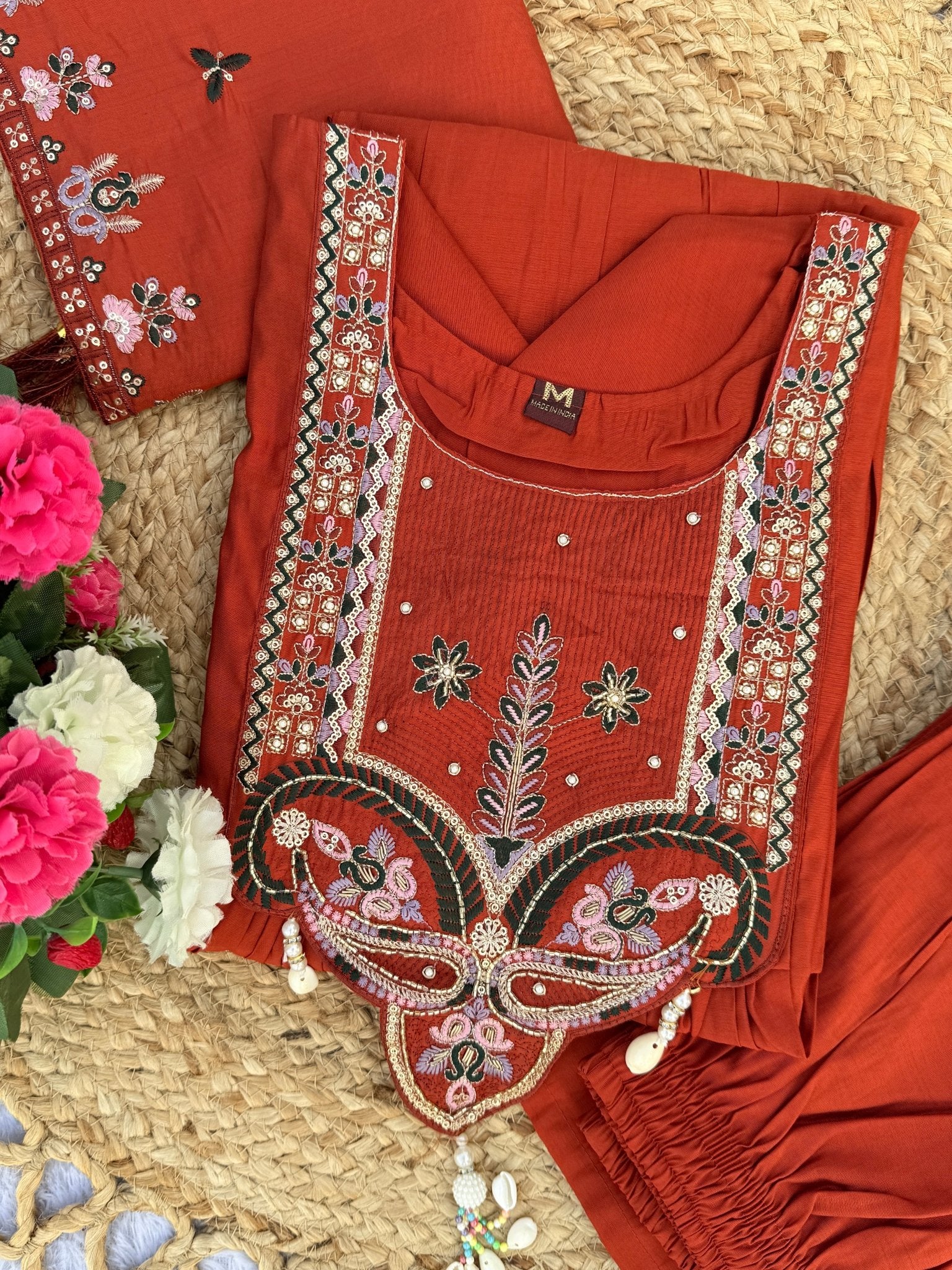 Designer Embroidered Roman Silk Anarkali Suit – Perfect for Weddings & Celebrations - Kalanandi the art of timeless fashion - Anarkali Kurti Set