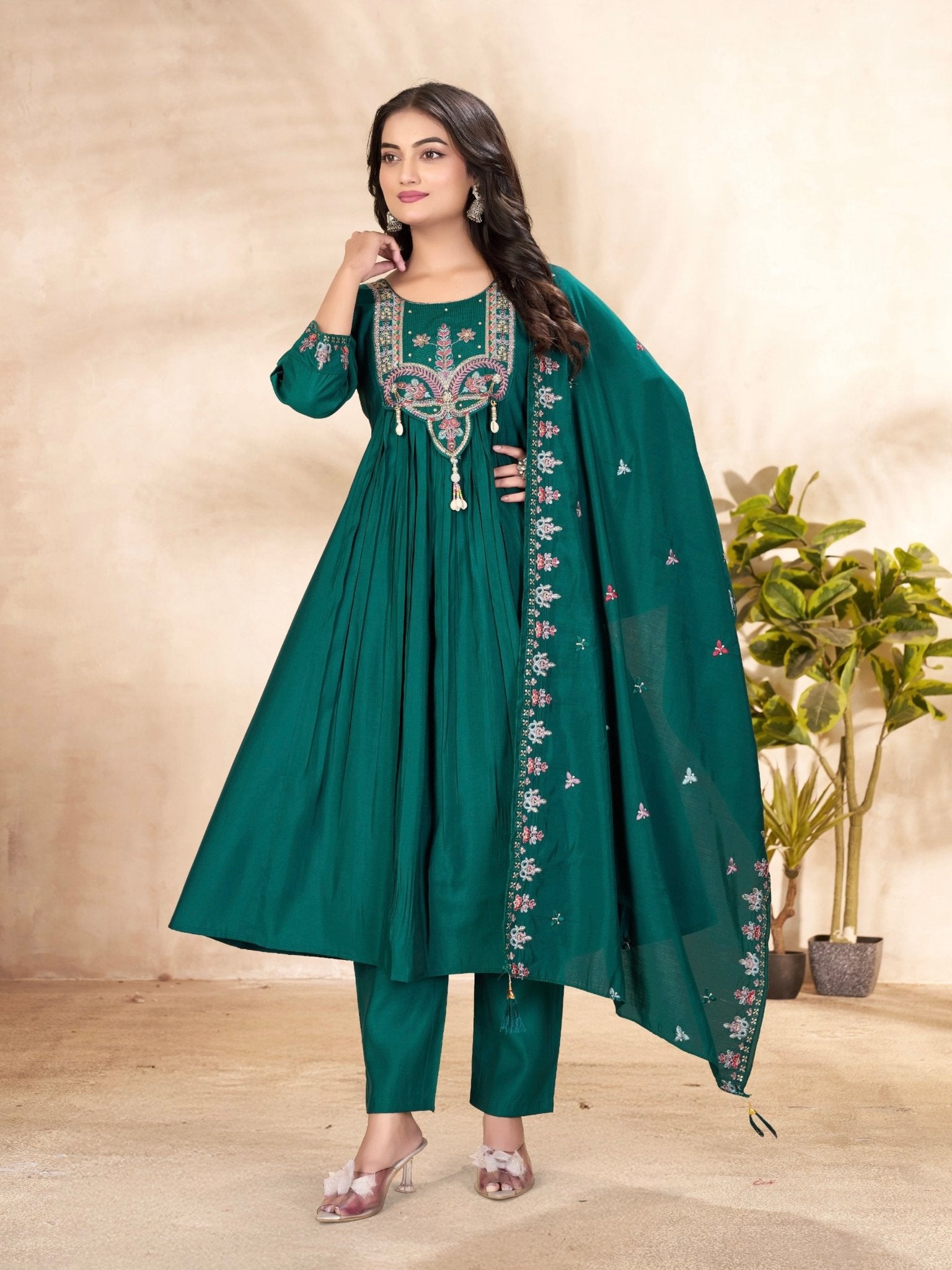 Designer Embroidered Roman Silk Anarkali Suit – Perfect for Weddings & Celebrations - Kalanandi the art of timeless fashion - Anarkali Kurti Set
