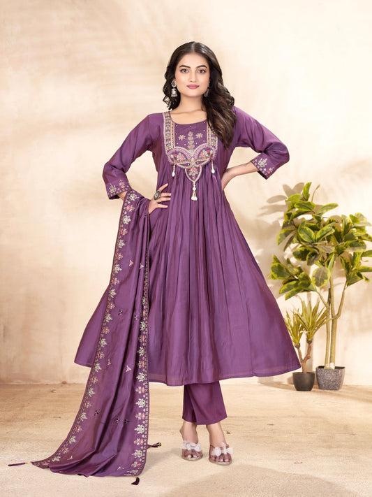 Designer Embroidered Roman Silk Anarkali Suit – Perfect for Weddings & Celebrations - Kalanandi the art of timeless fashion - Anarkali Kurti Set