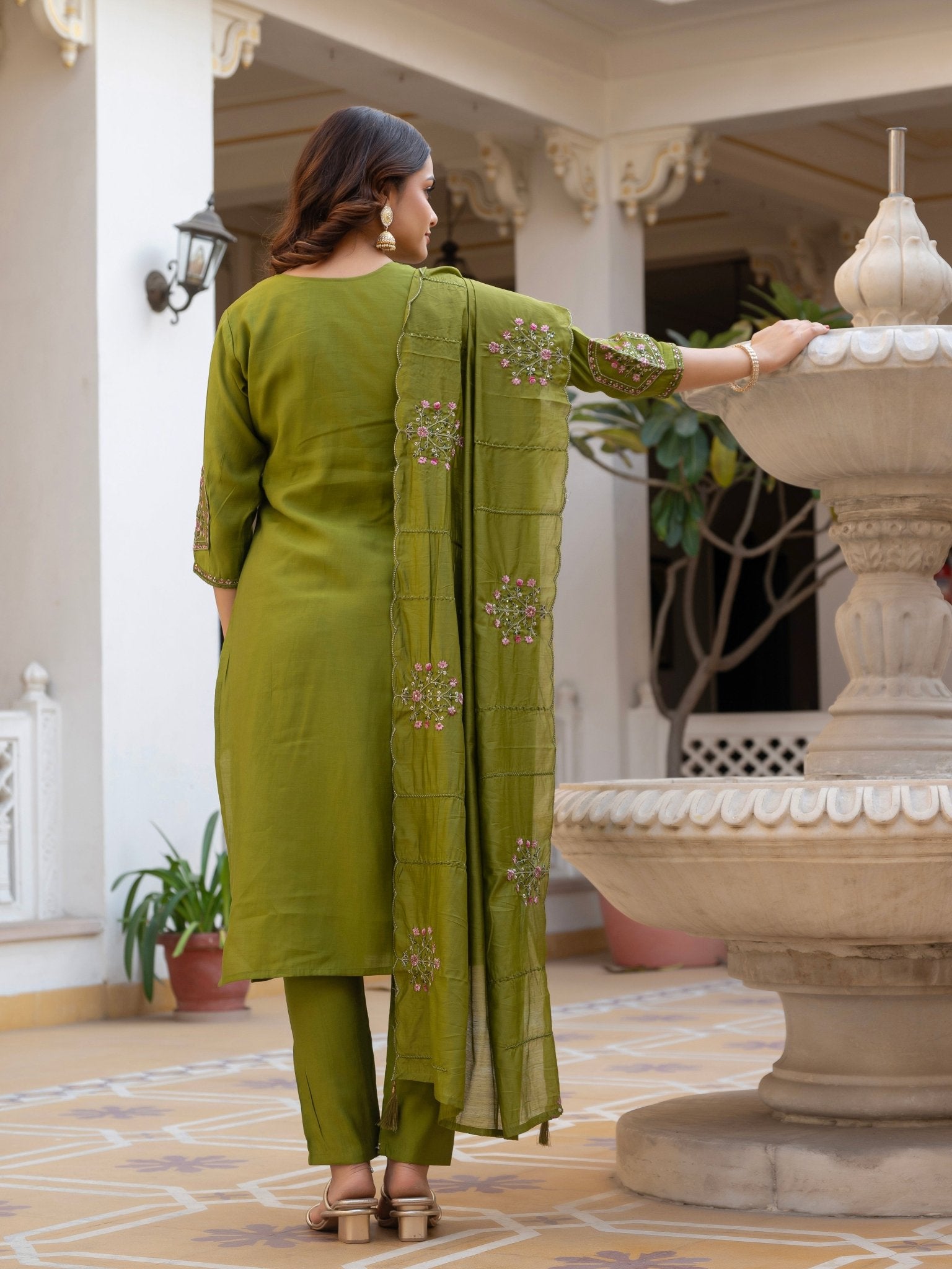 Designer Mango Silk Kurti Set with Heavy Embroidery & Maslin Dupatta - Kalanandi the art of timeless fashion - Straight Kurti Pant Dupatta Set