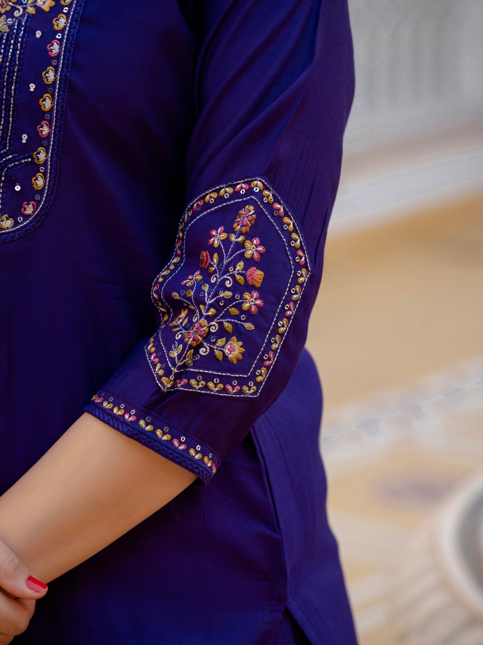 Designer Mango Silk Kurti Set with Heavy Embroidery & Maslin Dupatta - Kalanandi the art of timeless fashion - Straight Kurti Pant Dupatta Set