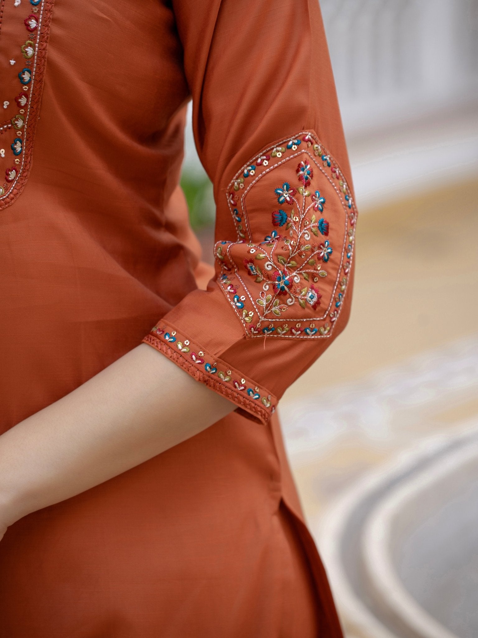 Designer Mango Silk Kurti Set with Heavy Embroidery & Maslin Dupatta - Kalanandi the art of timeless fashion - Straight Kurti Pant Dupatta Set