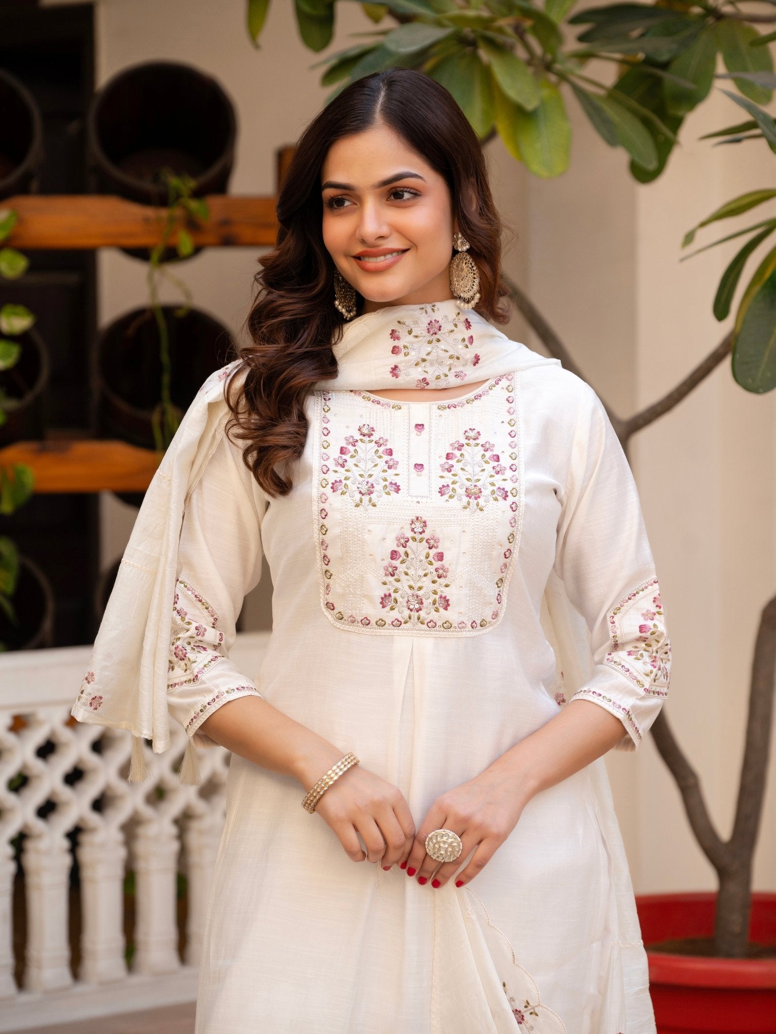 Designer Mango Silk Kurti Set with Heavy Embroidery & Maslin Dupatta - Kalanandi the art of timeless fashion - Straight Kurti Pant Dupatta Set