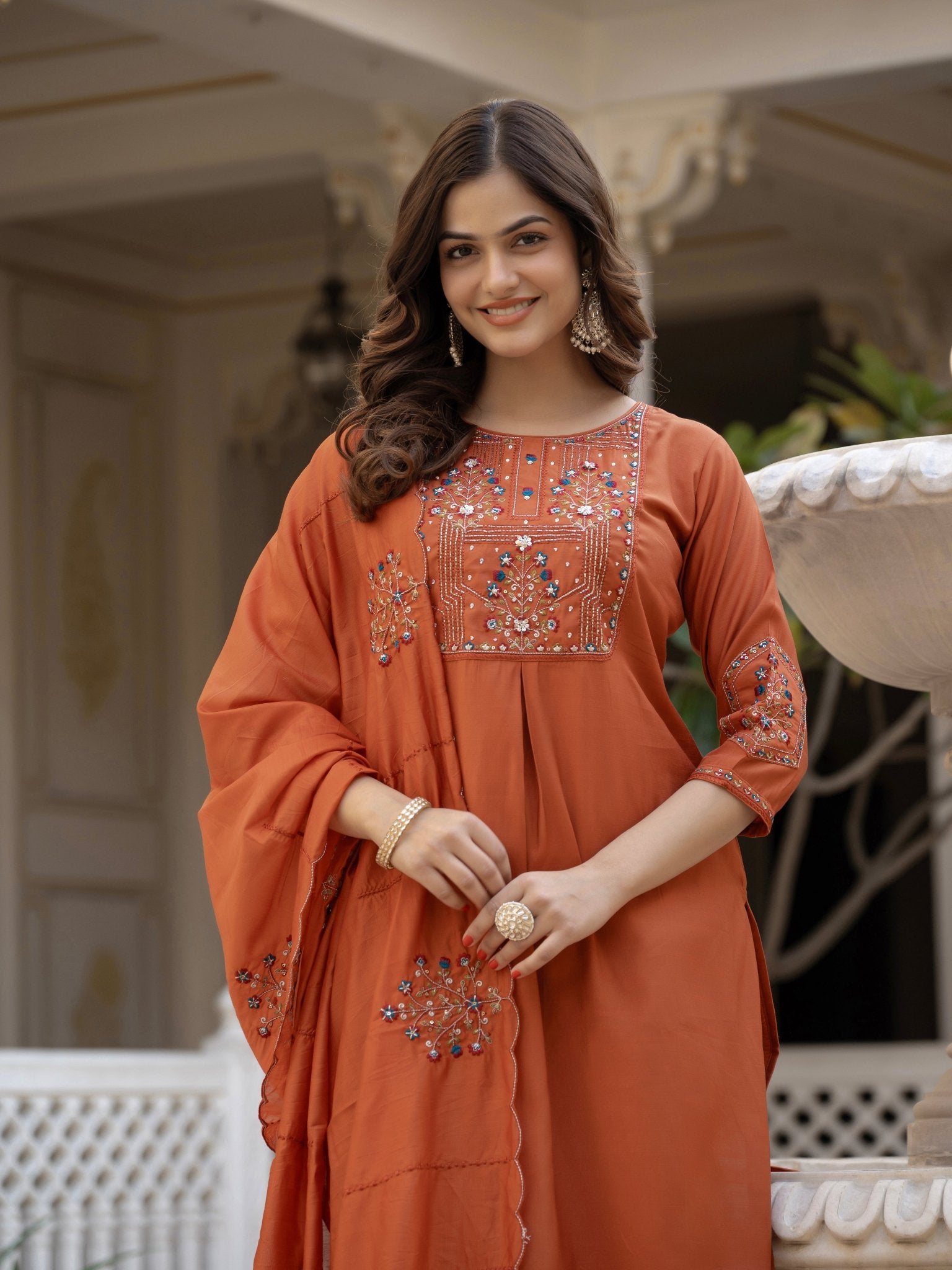 Designer Mango Silk Kurti Set with Heavy Embroidery & Maslin Dupatta - Kalanandi the art of timeless fashion - Straight Kurti Pant Dupatta Set