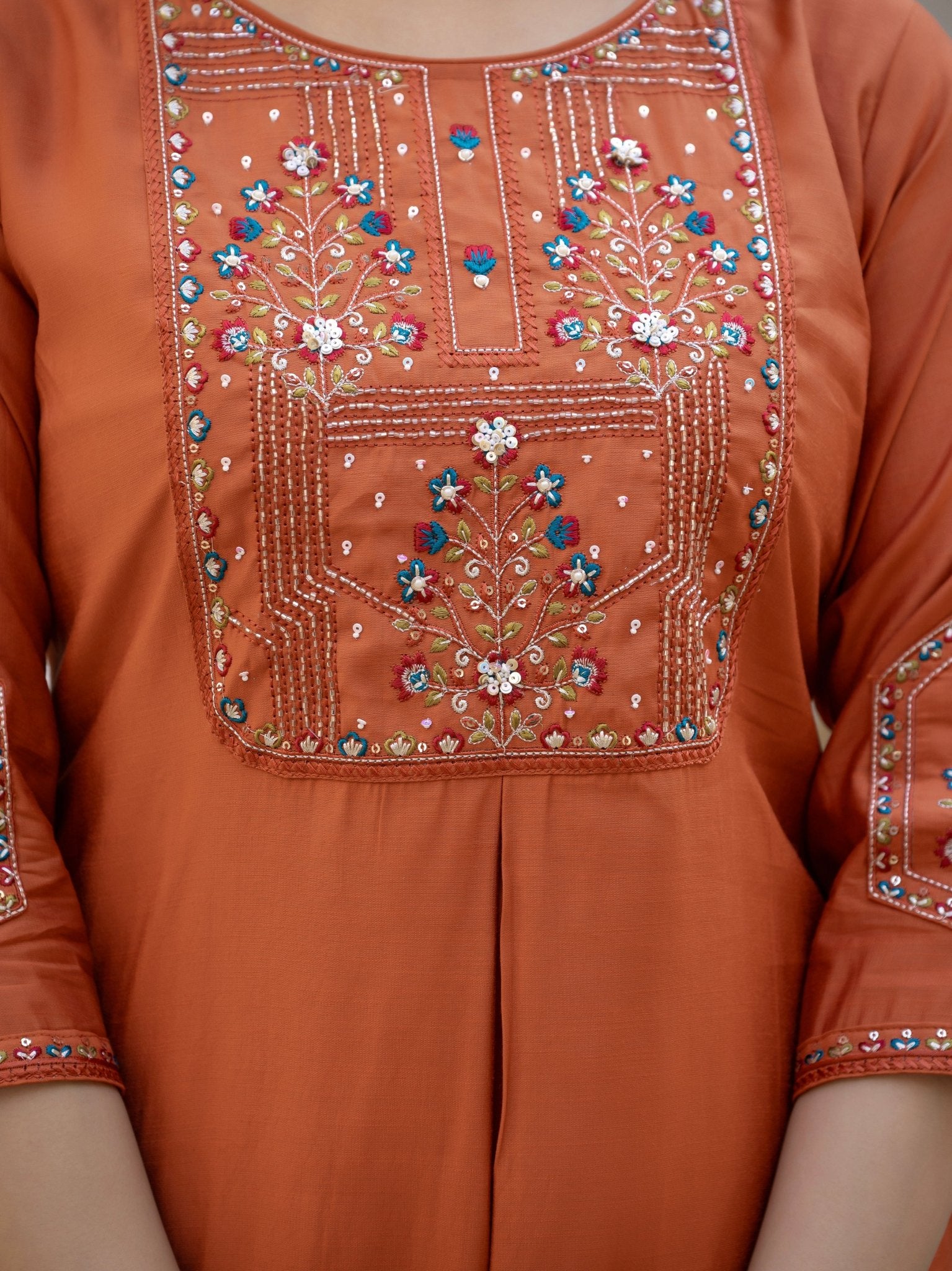 Designer Mango Silk Kurti Set with Heavy Embroidery & Maslin Dupatta - Kalanandi the art of timeless fashion - Straight Kurti Pant Dupatta Set