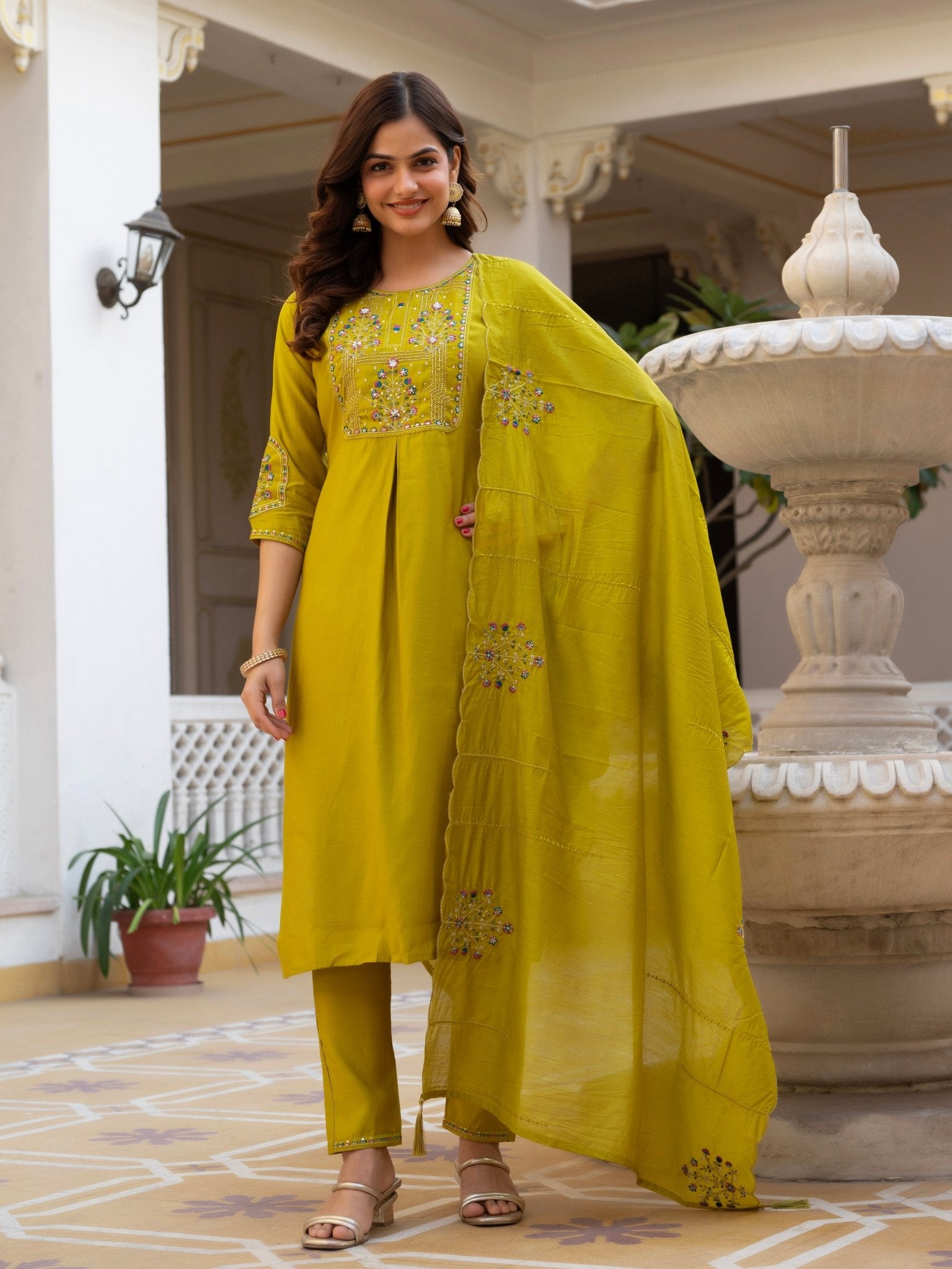 Designer Mango Silk Kurti Set with Heavy Embroidery & Maslin Dupatta - Kalanandi the art of timeless fashion - Straight Kurti Pant Dupatta Set