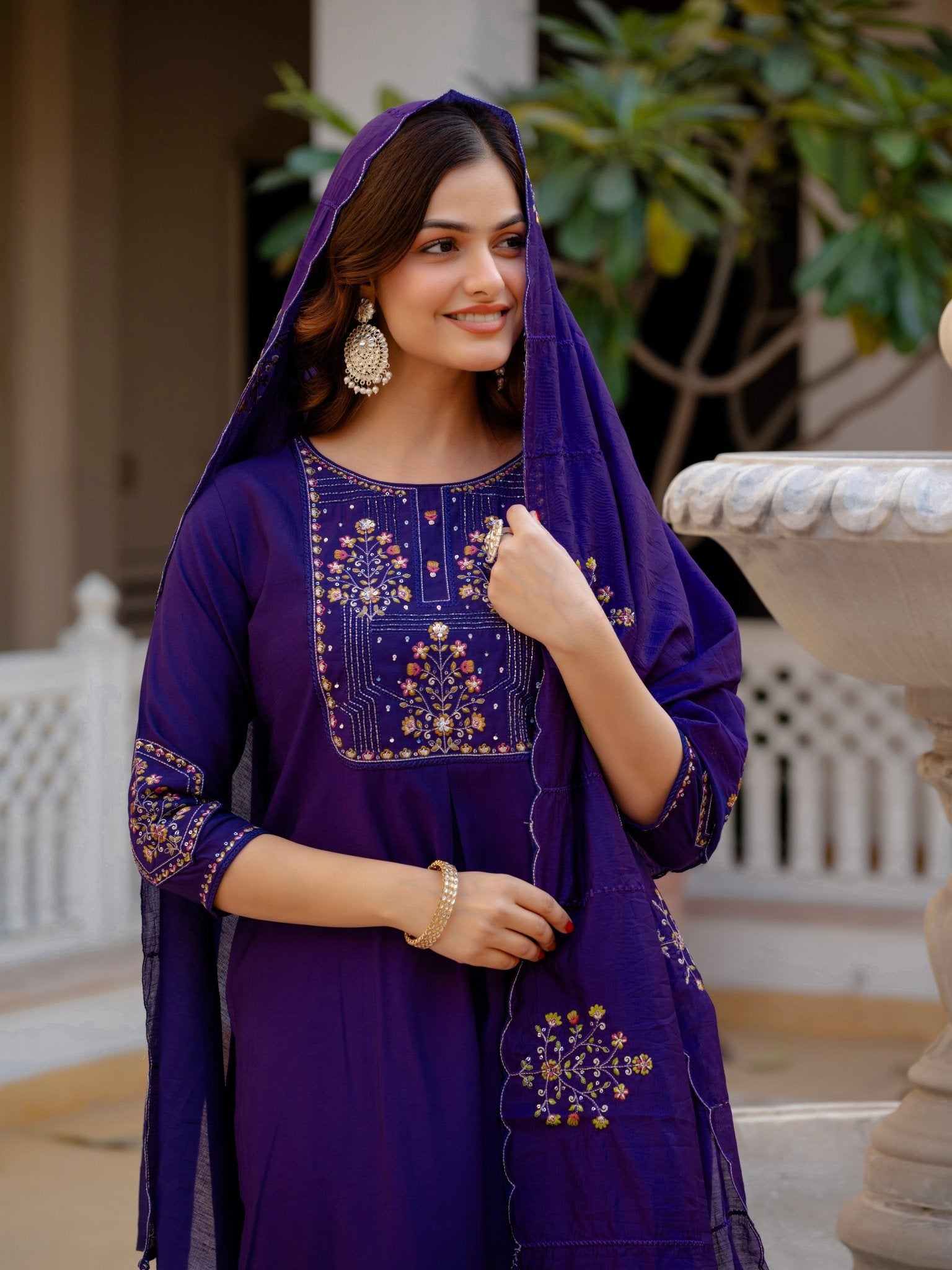 Designer Mango Silk Kurti Set with Heavy Embroidery & Maslin Dupatta - Kalanandi the art of timeless fashion - Straight Kurti Pant Dupatta Set