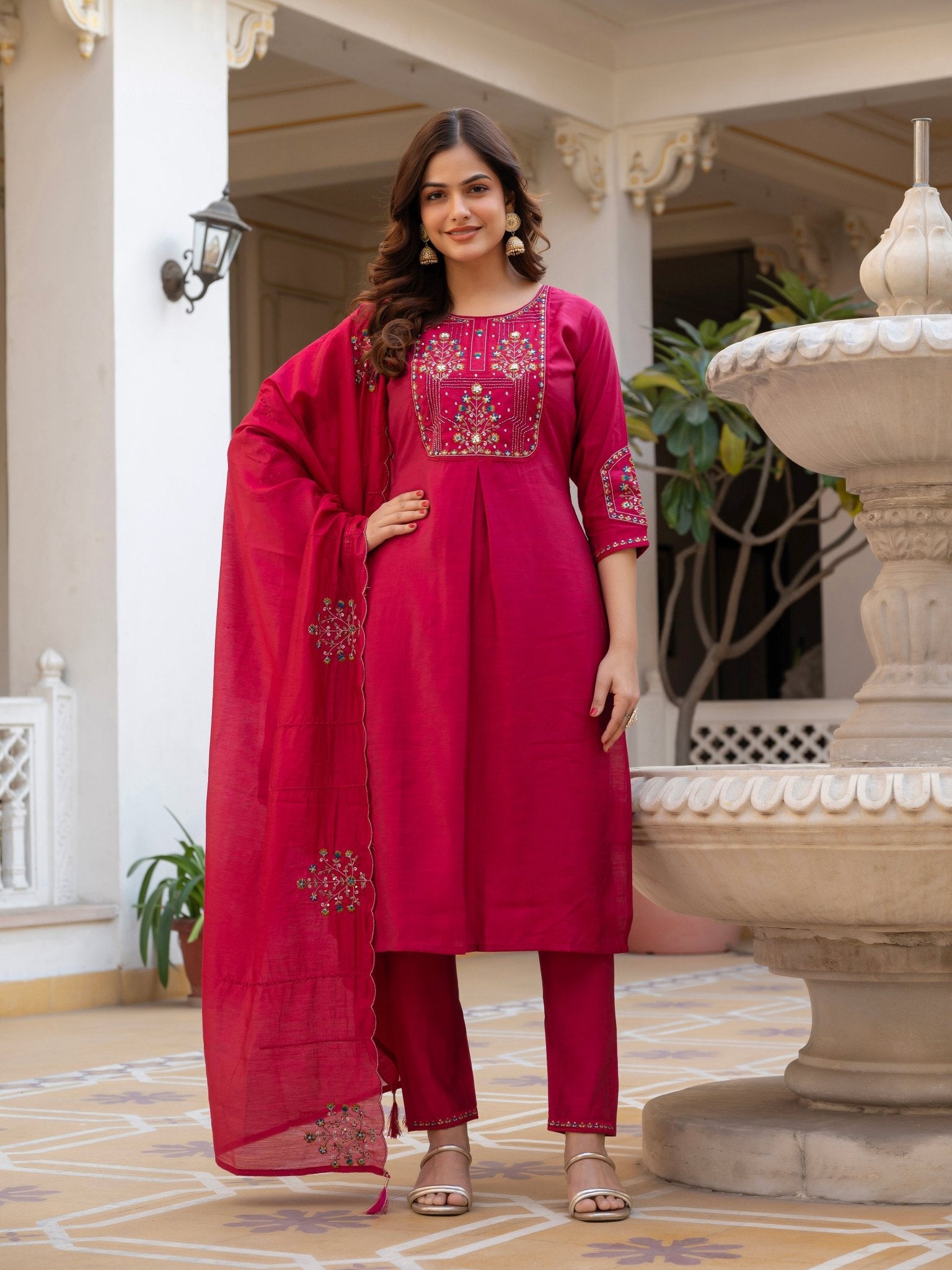 Designer Mango Silk Kurti Set with Heavy Embroidery & Maslin Dupatta - Kalanandi the art of timeless fashion - Straight Kurti Pant Dupatta Set