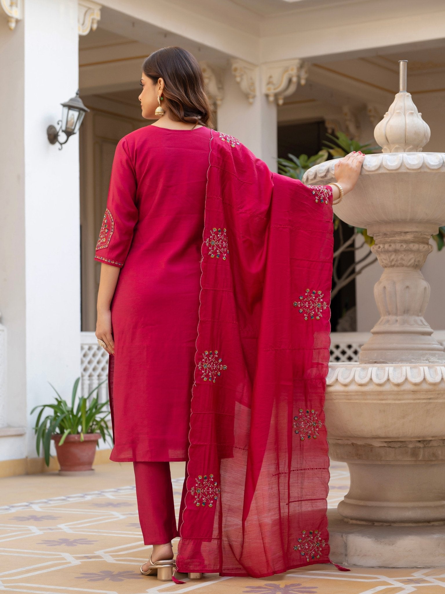 Designer Mango Silk Kurti Set with Heavy Embroidery & Maslin Dupatta - Kalanandi the art of timeless fashion - Straight Kurti Pant Dupatta Set