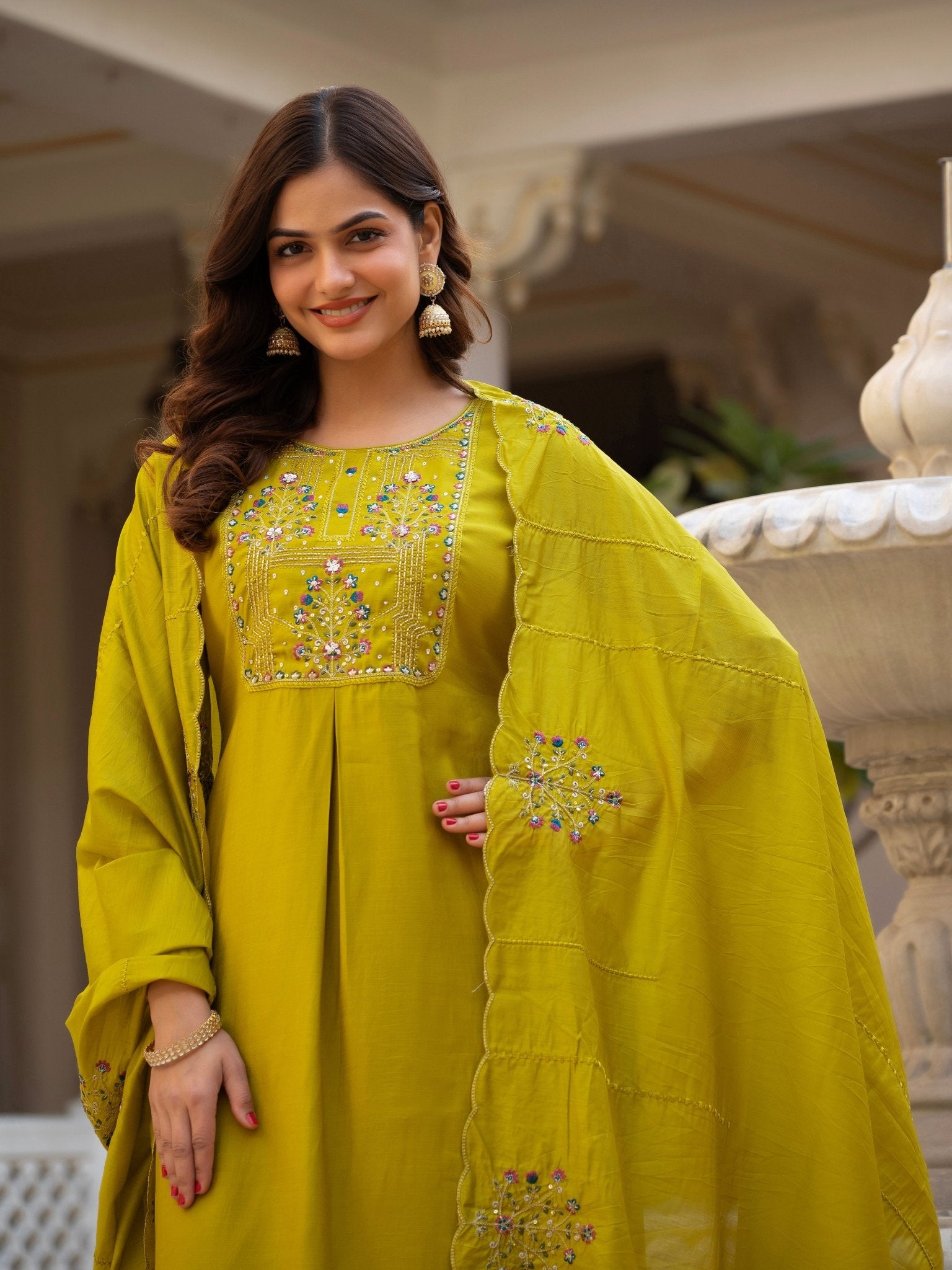 Designer Mango Silk Kurti Set with Heavy Embroidery & Maslin Dupatta - Kalanandi the art of timeless fashion - Straight Kurti Pant Dupatta Set