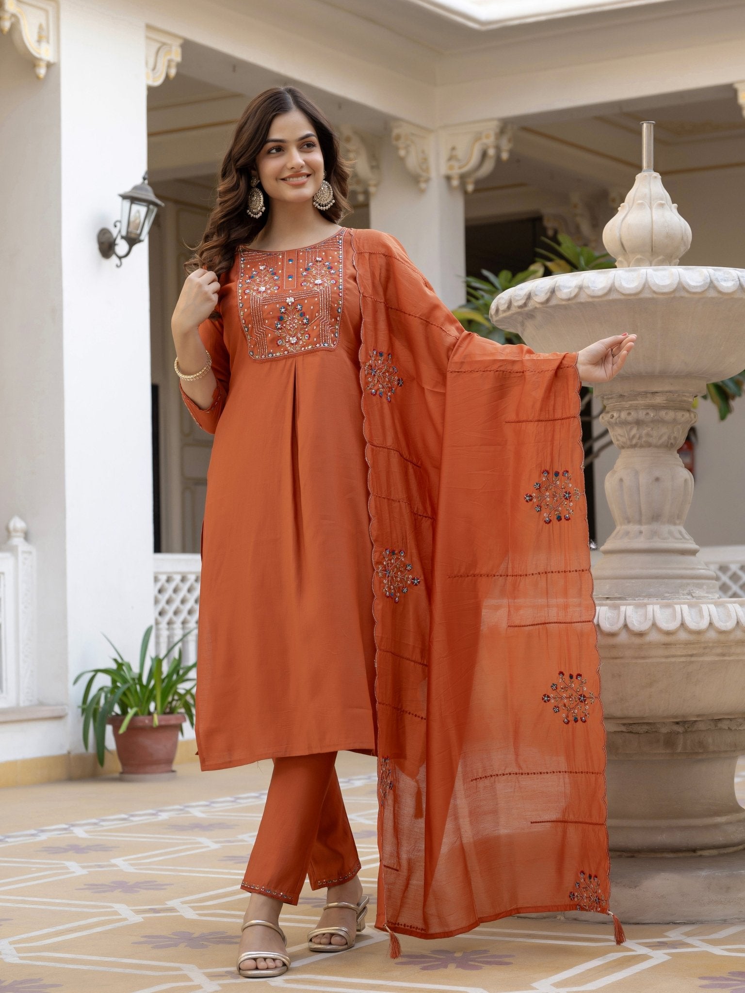 Designer Mango Silk Kurti Set with Heavy Embroidery & Maslin Dupatta - Kalanandi the art of timeless fashion - Straight Kurti Pant Dupatta Set