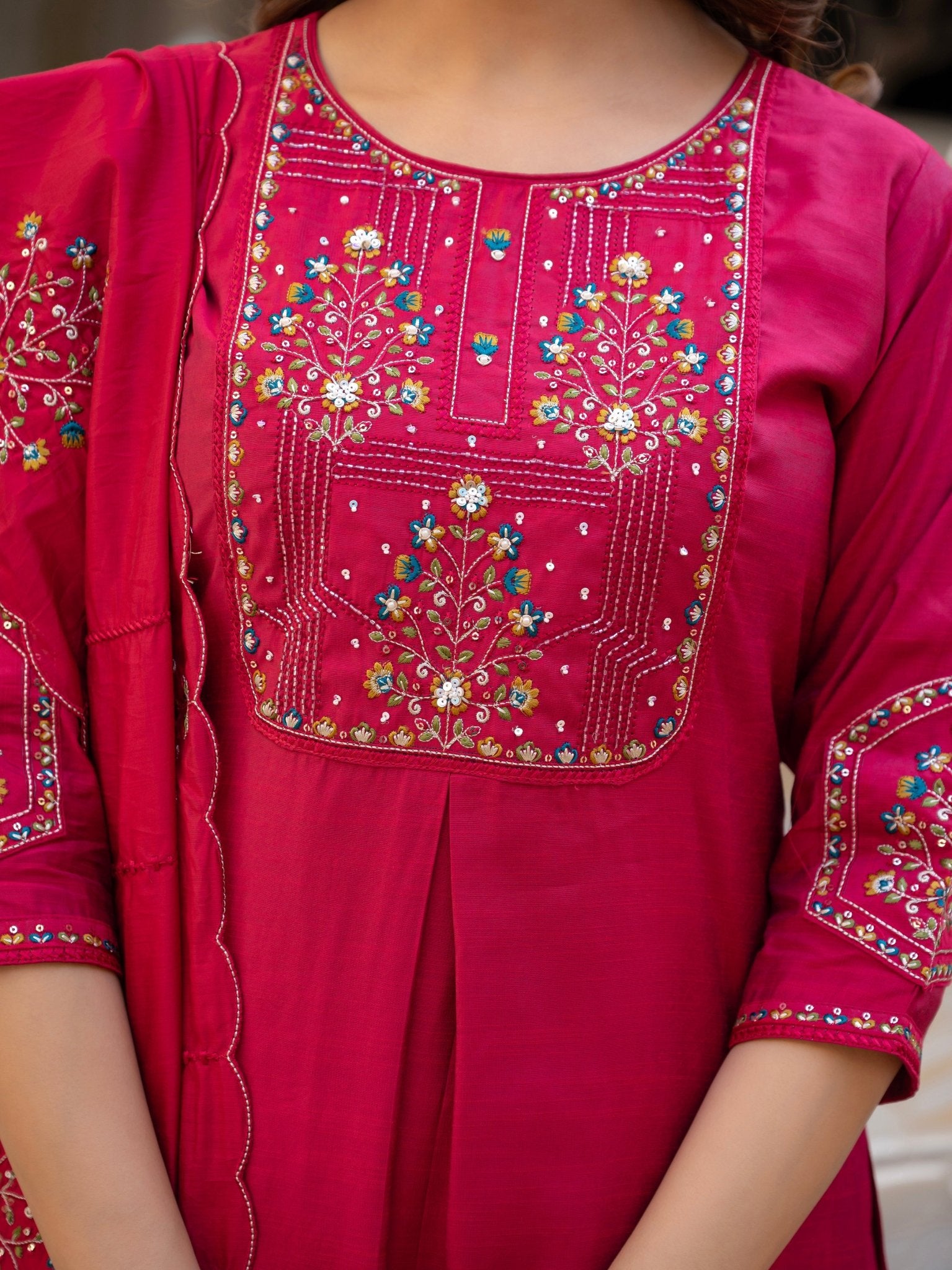 Designer Mango Silk Kurti Set with Heavy Embroidery & Maslin Dupatta - Kalanandi the art of timeless fashion - Straight Kurti Pant Dupatta Set