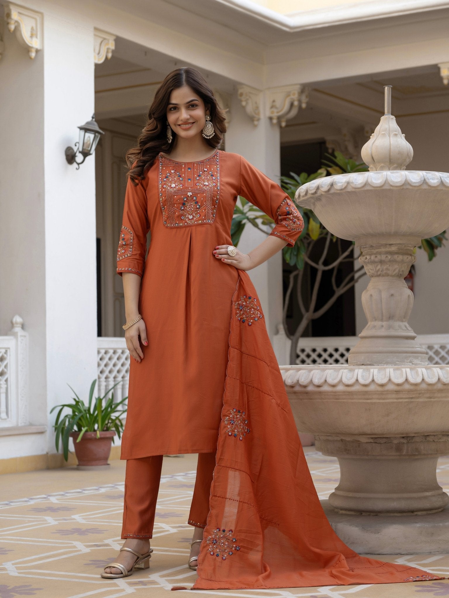 Designer Mango Silk Kurti Set with Heavy Embroidery & Maslin Dupatta - Kalanandi the art of timeless fashion - Straight Kurti Pant Dupatta Set