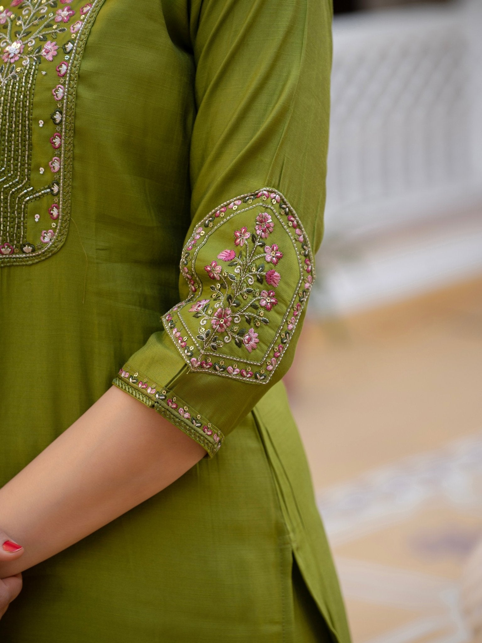 Designer Mango Silk Kurti Set with Heavy Embroidery & Maslin Dupatta - Kalanandi the art of timeless fashion - Straight Kurti Pant Dupatta Set
