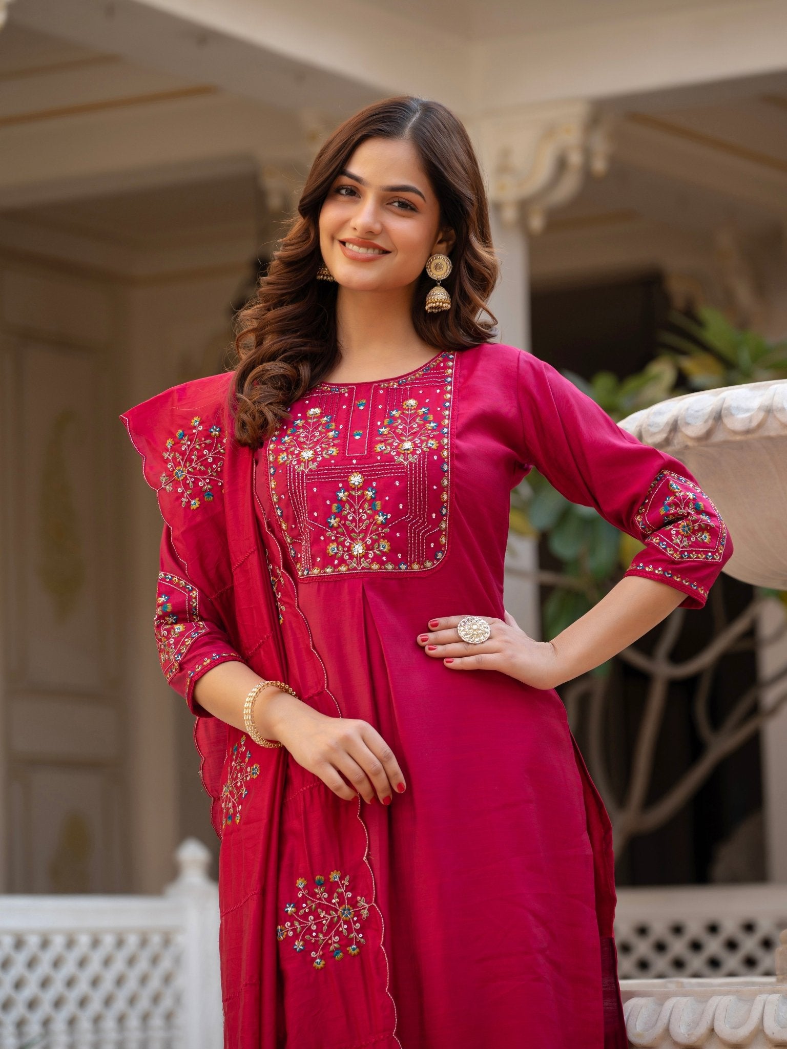 Designer Mango Silk Kurti Set with Heavy Embroidery & Maslin Dupatta - Kalanandi the art of timeless fashion - Straight Kurti Pant Dupatta Set