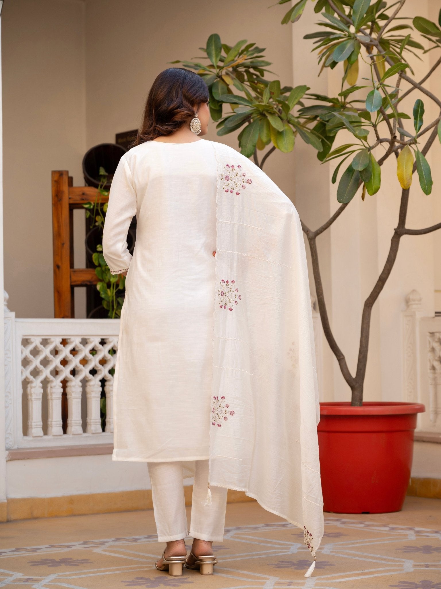 Designer Mango Silk Kurti Set with Heavy Embroidery & Maslin Dupatta - Kalanandi the art of timeless fashion - Straight Kurti Pant Dupatta Set