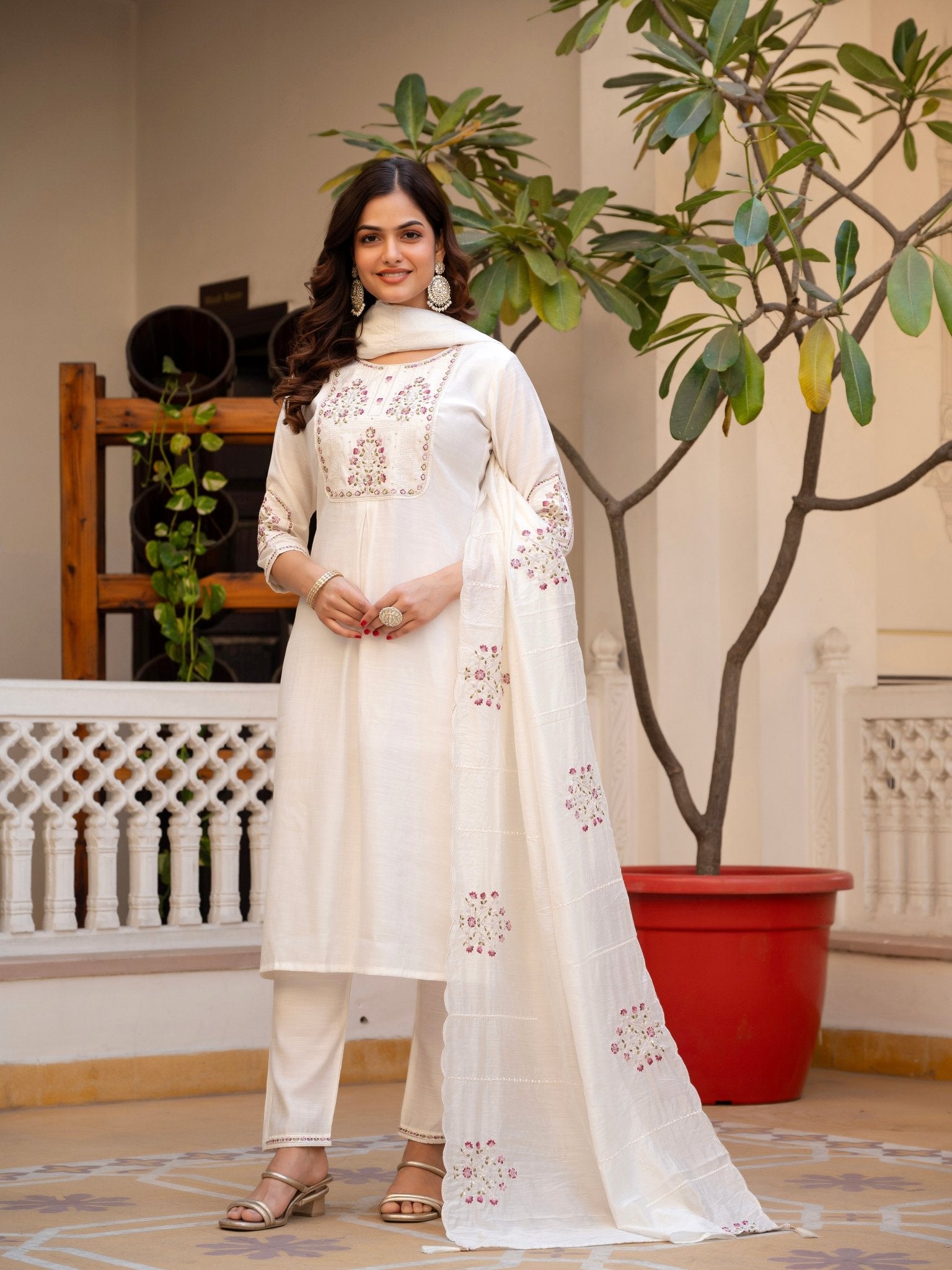 Designer Mango Silk Kurti Set with Heavy Embroidery & Maslin Dupatta - Kalanandi the art of timeless fashion - Straight Kurti Pant Dupatta Set