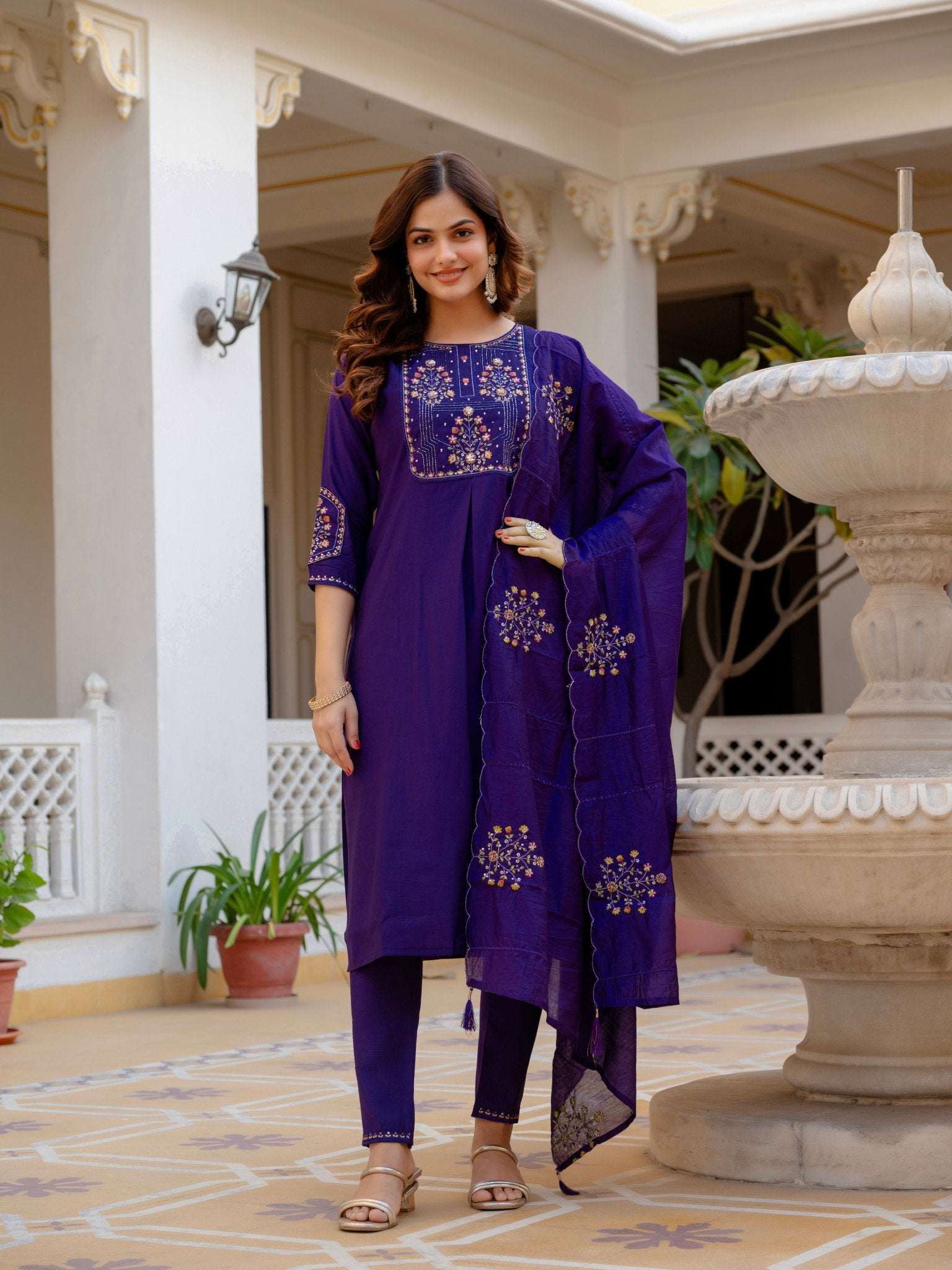 Designer Mango Silk Kurti Set with Heavy Embroidery & Maslin Dupatta - Kalanandi the art of timeless fashion - Straight Kurti Pant Dupatta Set