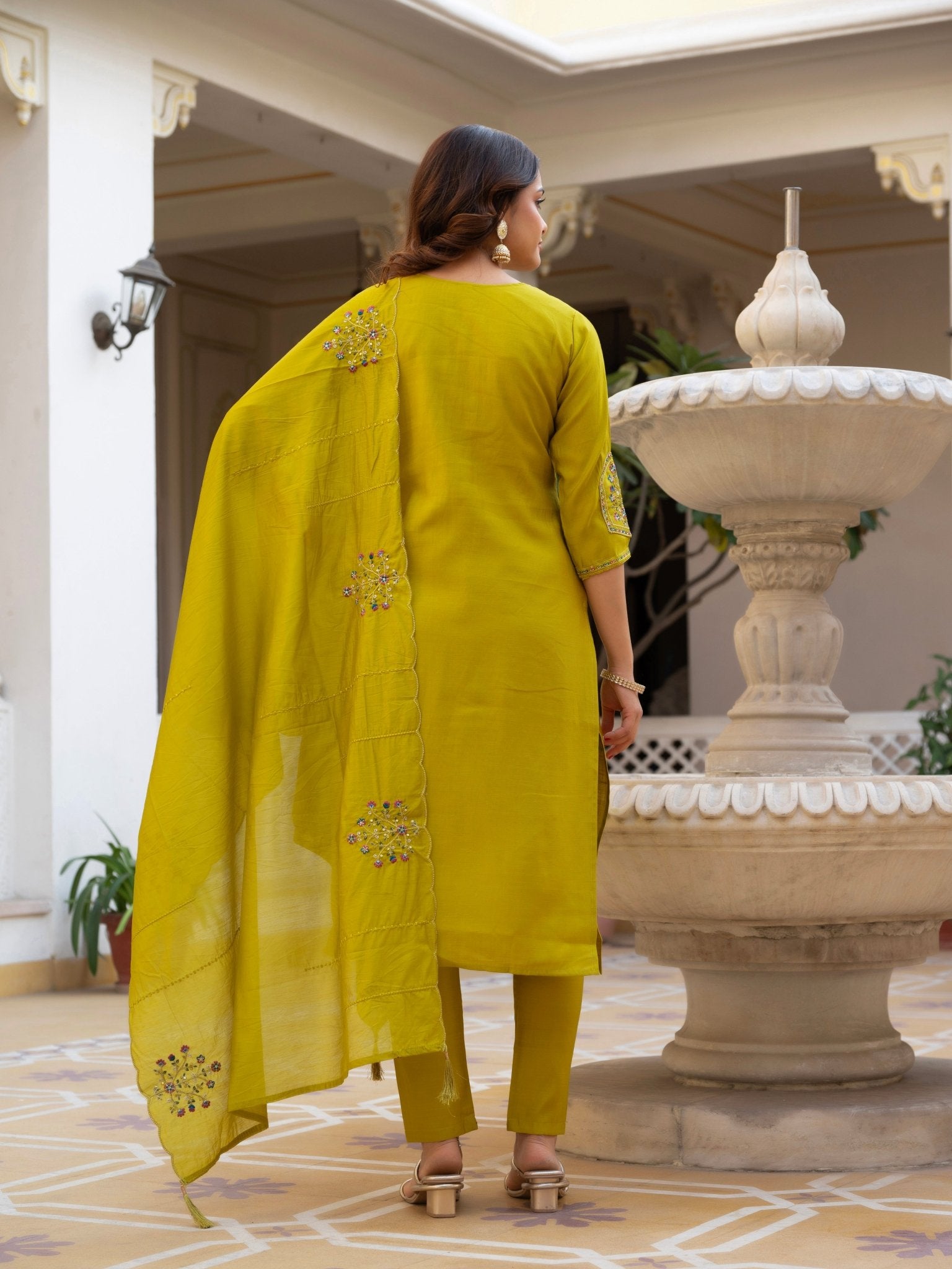 Designer Mango Silk Kurti Set with Heavy Embroidery & Maslin Dupatta - Kalanandi the art of timeless fashion - Straight Kurti Pant Dupatta Set