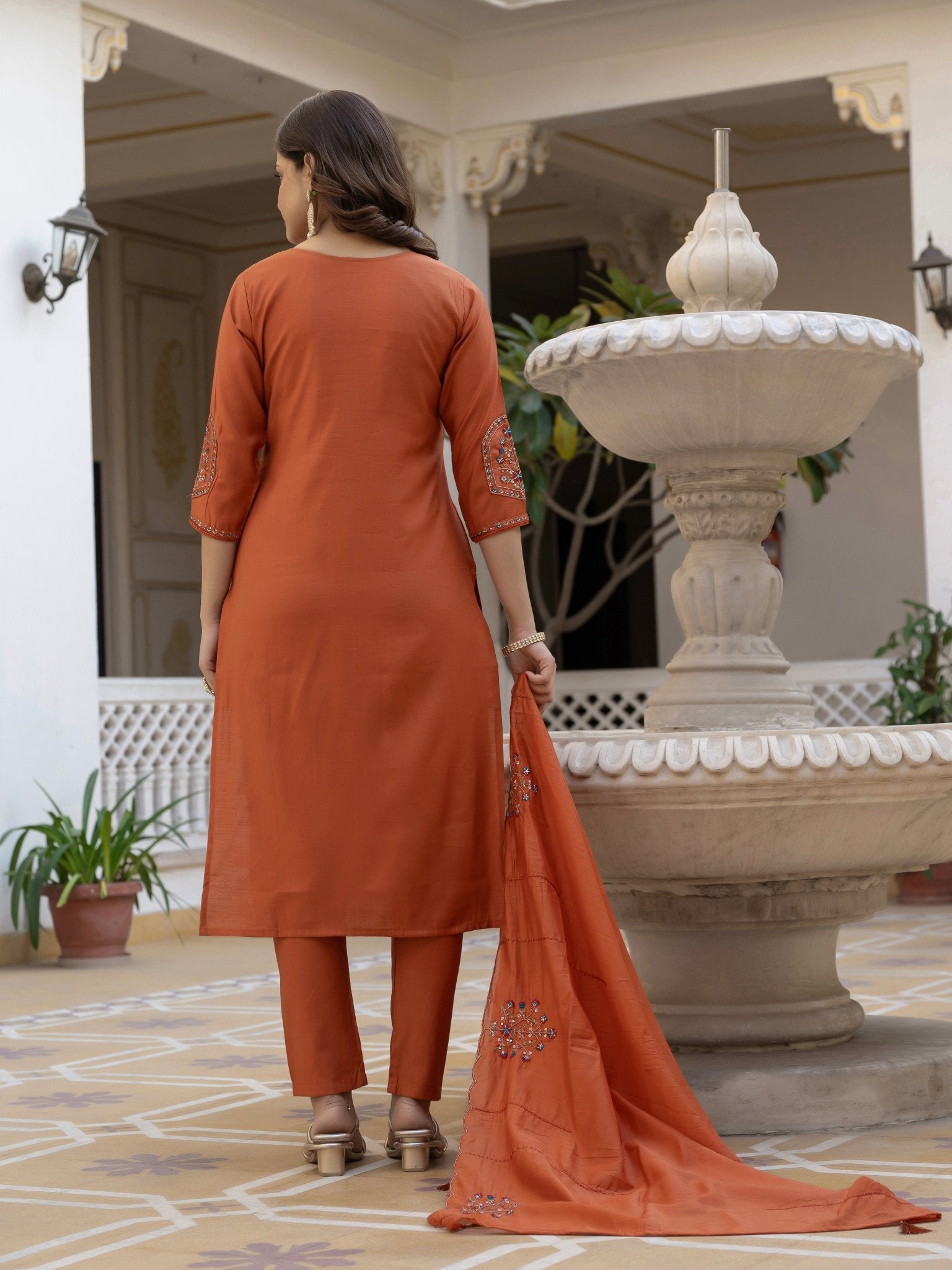 Designer Mango Silk Kurti Set with Heavy Embroidery & Maslin Dupatta - Kalanandi the art of timeless fashion - Straight Kurti Pant Dupatta Set