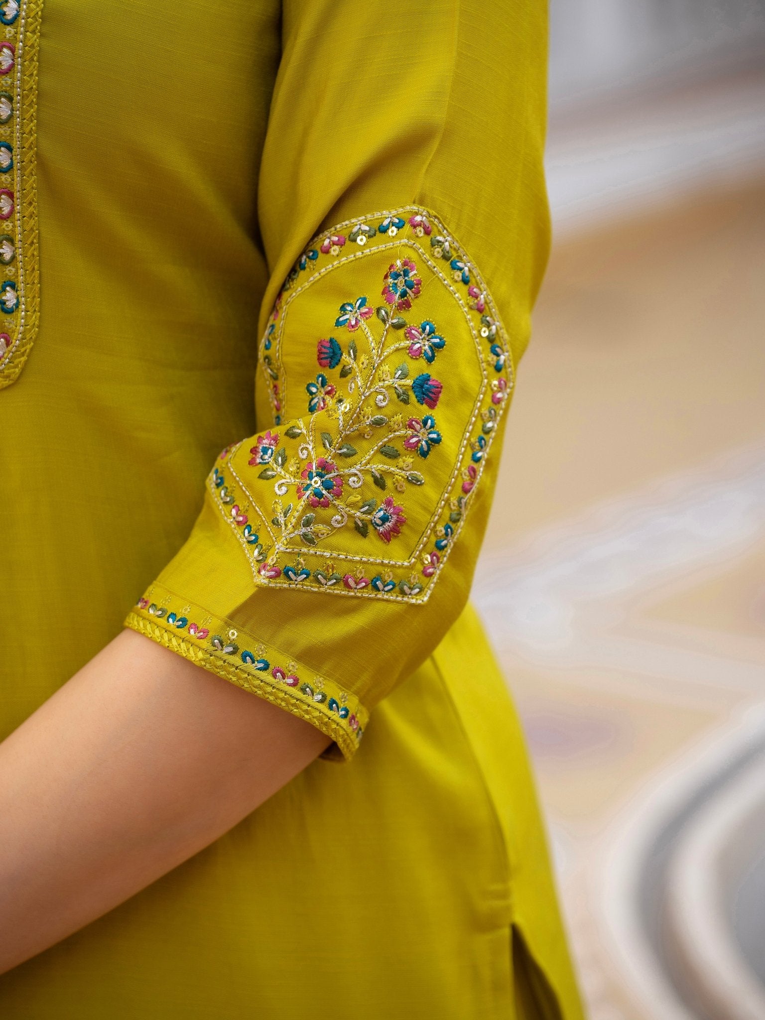 Designer Mango Silk Kurti Set with Heavy Embroidery & Maslin Dupatta - Kalanandi the art of timeless fashion - Straight Kurti Pant Dupatta Set