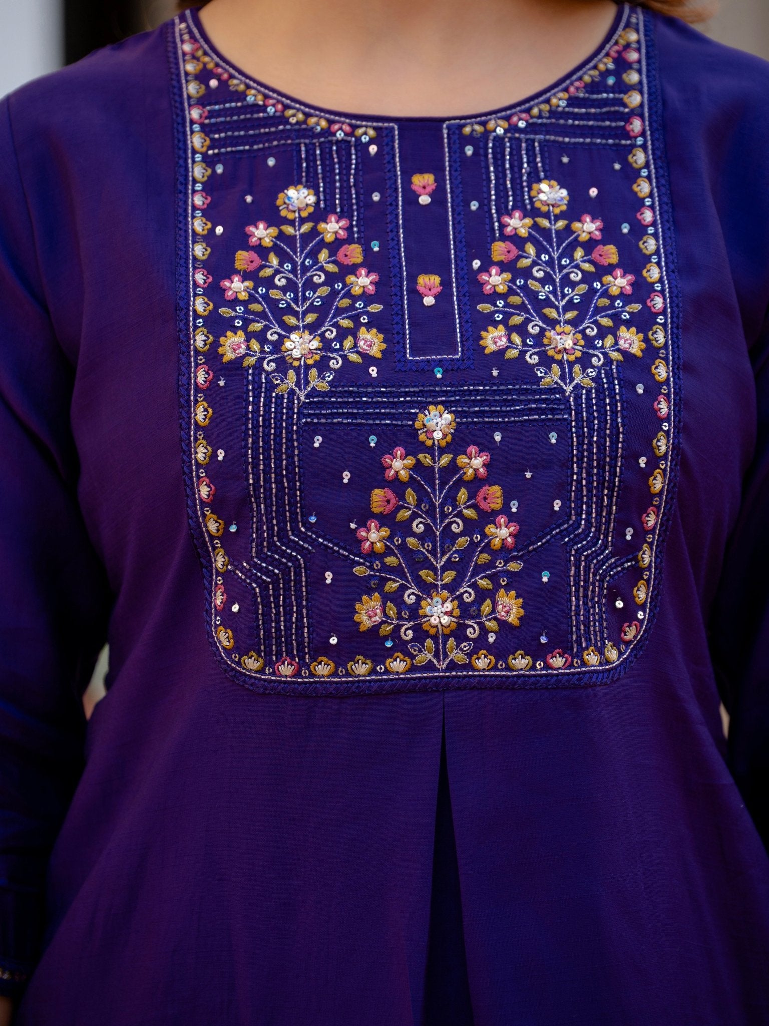 Designer Mango Silk Kurti Set with Heavy Embroidery & Maslin Dupatta - Kalanandi the art of timeless fashion - Straight Kurti Pant Dupatta Set