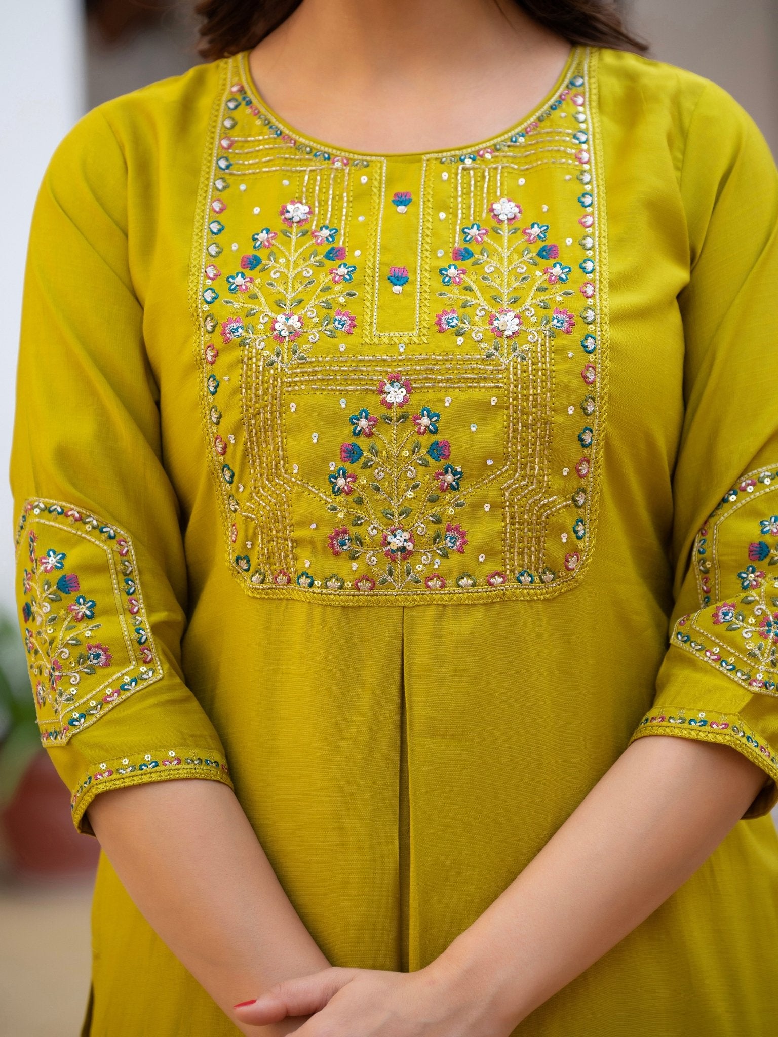 Designer Mango Silk Kurti Set with Heavy Embroidery & Maslin Dupatta - Kalanandi the art of timeless fashion - Straight Kurti Pant Dupatta Set