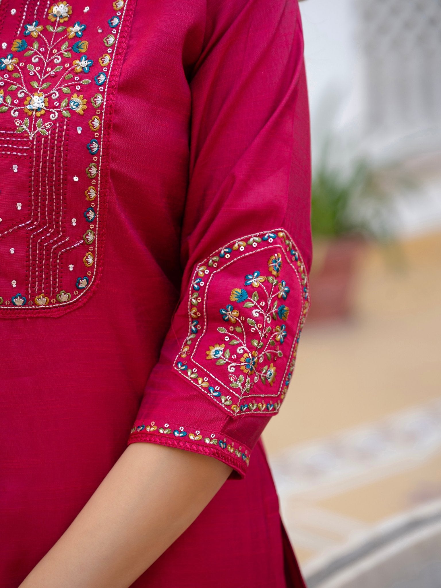 Designer Mango Silk Kurti Set with Heavy Embroidery & Maslin Dupatta - Kalanandi the art of timeless fashion - Straight Kurti Pant Dupatta Set